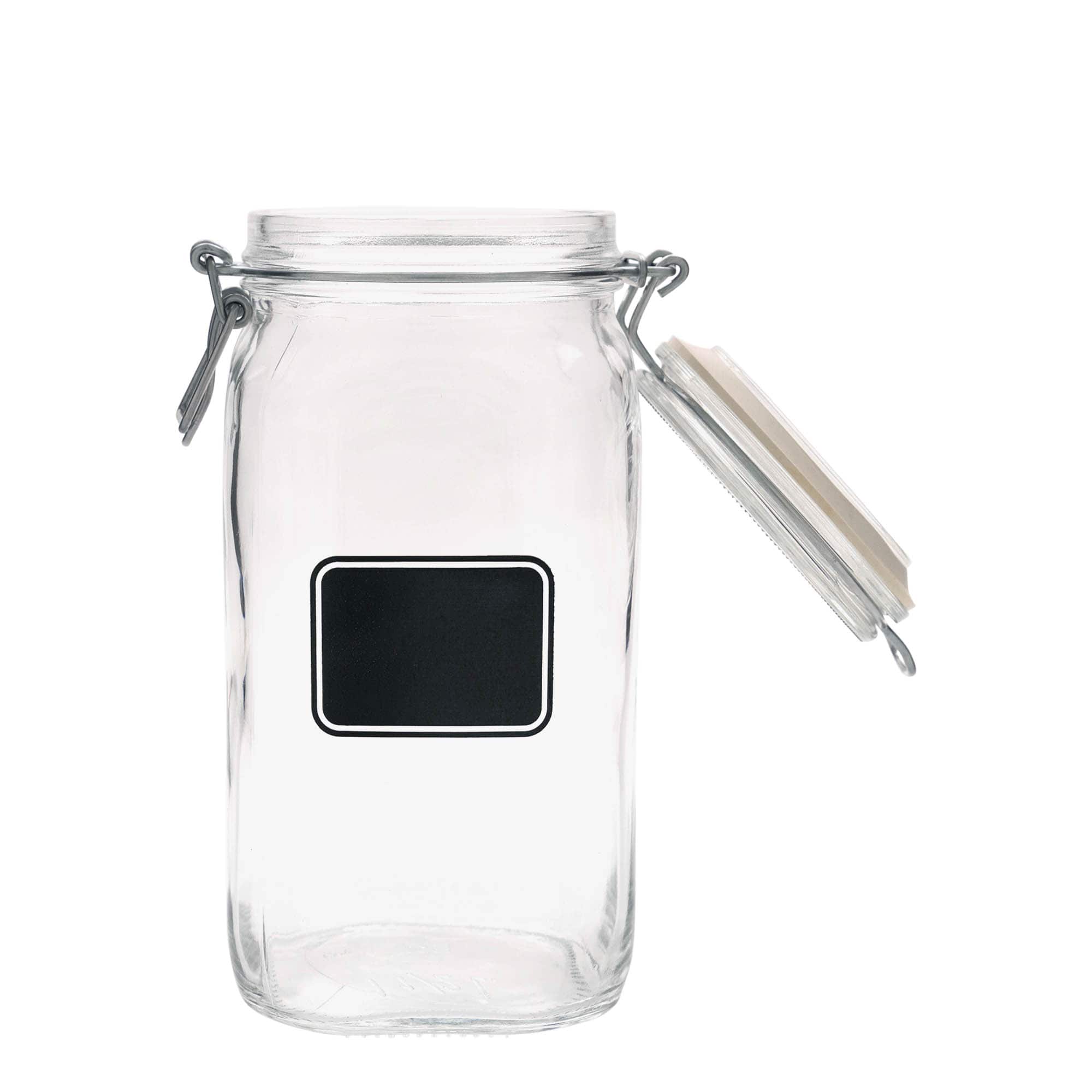 1.500 ml Tel kapaklı kavanoz 'Fido', Motif: Etiket alanı, kare, Ağzı: Tel kapaklı kapatma