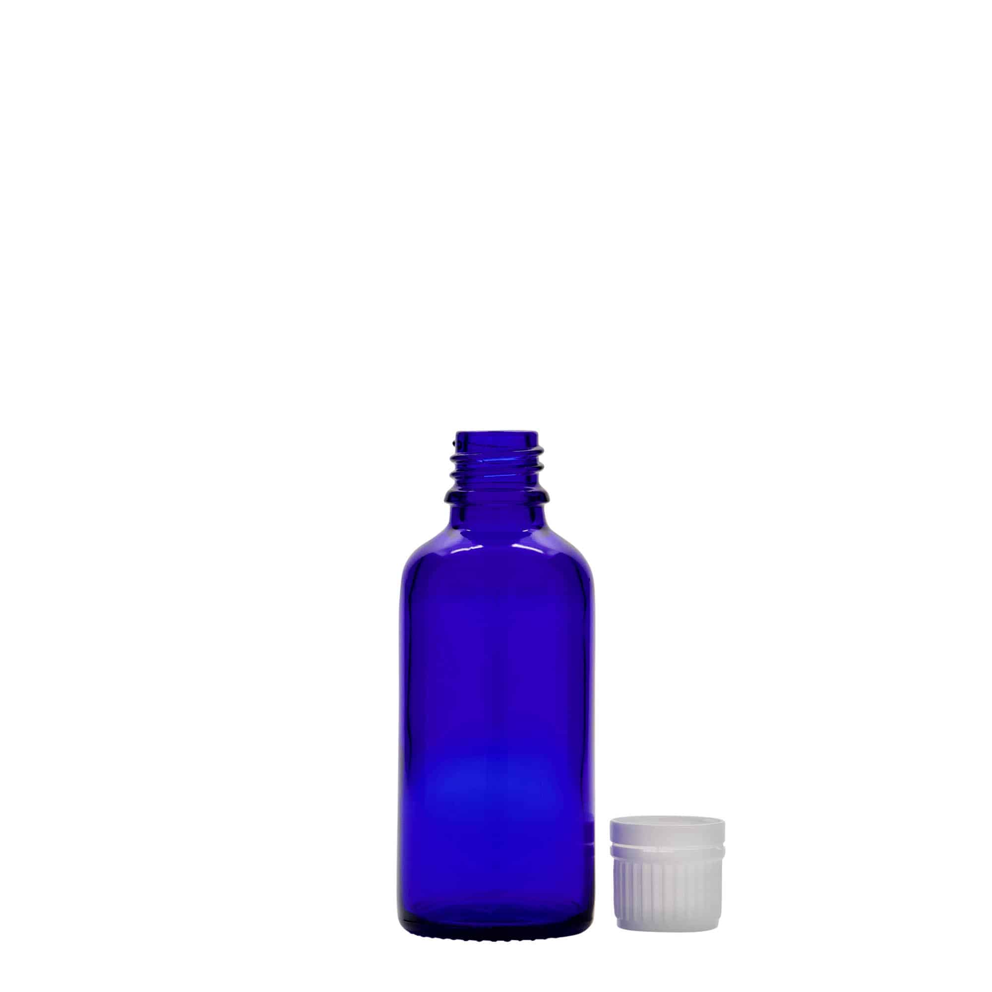 50 ml tıbbi şişe, cam, kraliyet mavisi, ağız çapı: DIN 18