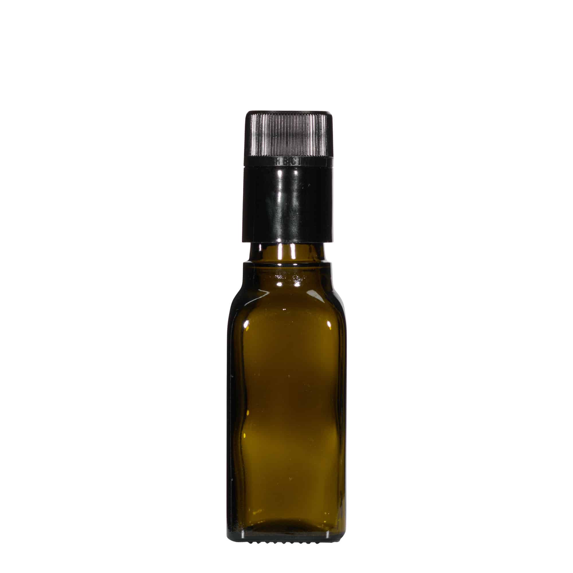 100 ml Sirke-/Yağ Şişesi 'Quadra', Cam, kare, antik yeşil, Ağız: DOP