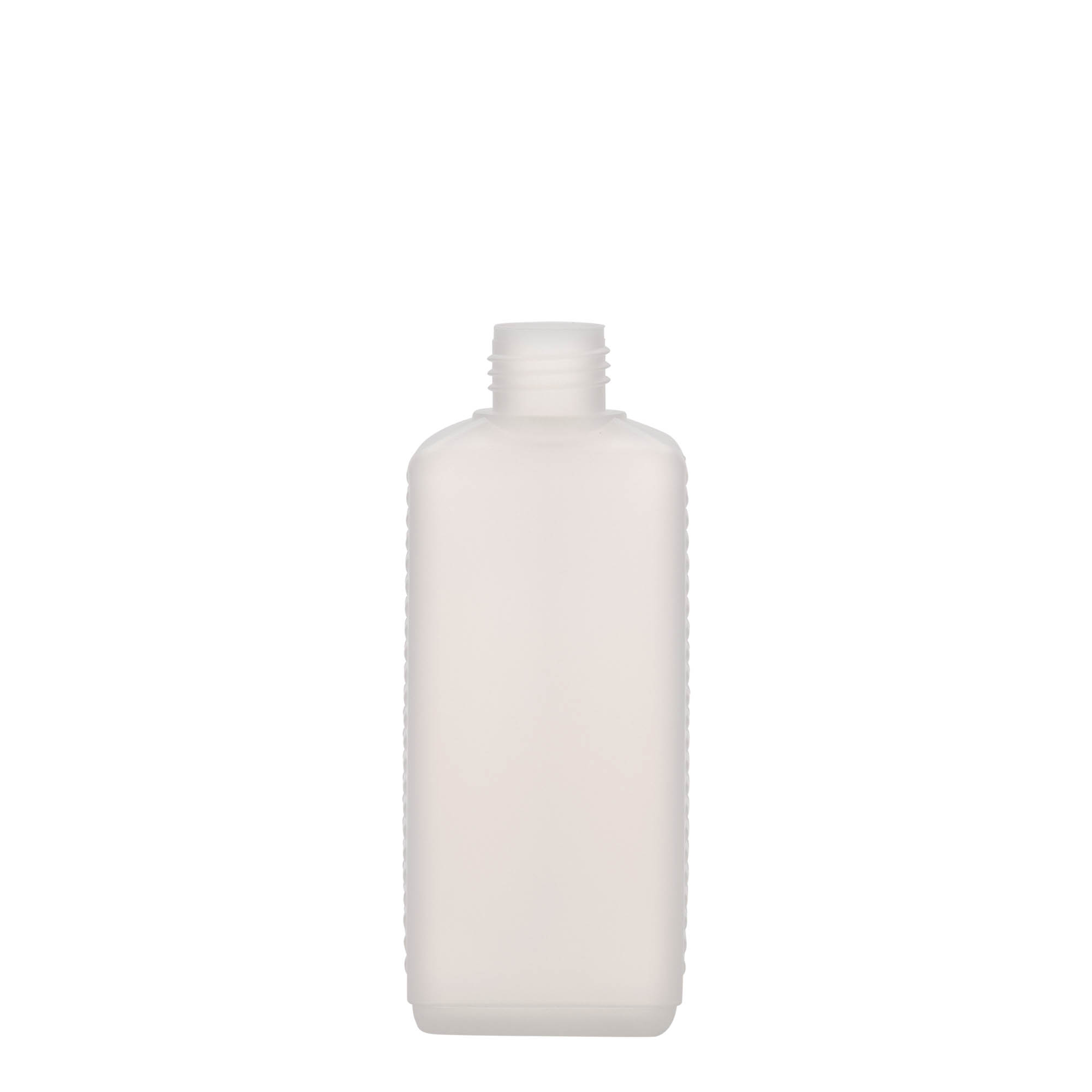 250 ml Kanister şişesi, dikdörtgen, HDPE plastik, doğal, ağız: DIN 25 EPE