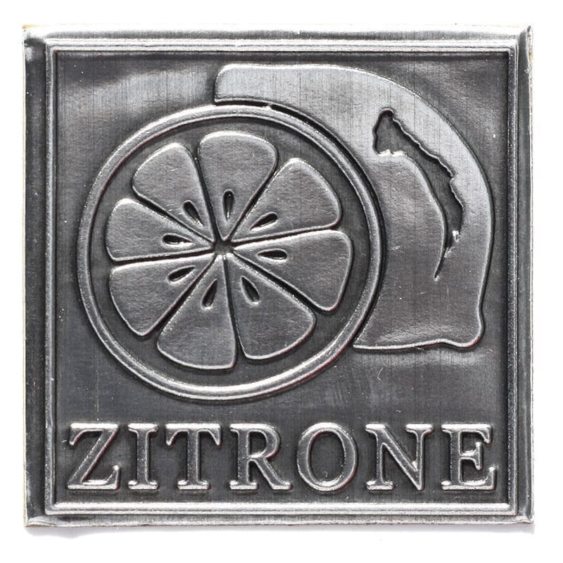 Kalay etiketi 'Limon', kare, metal, gümüş
