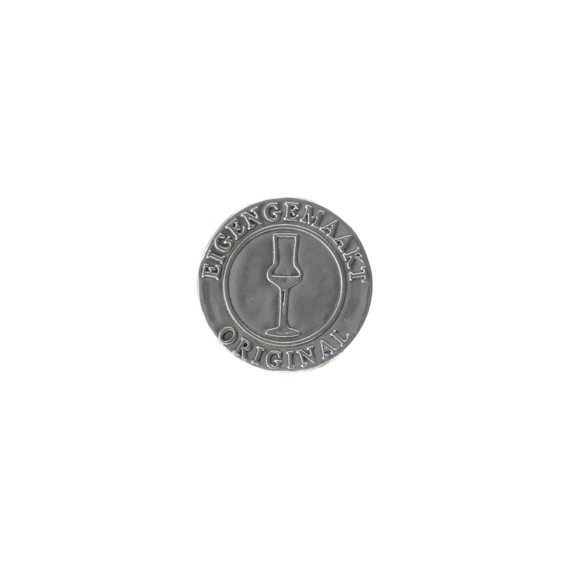 Teneke etiket 'Eigengemaakt', yuvarlak, metal, gümüş renginde Teneke etiket 'Eigengemaakt', yuvarlak, metal, gümüş renginde