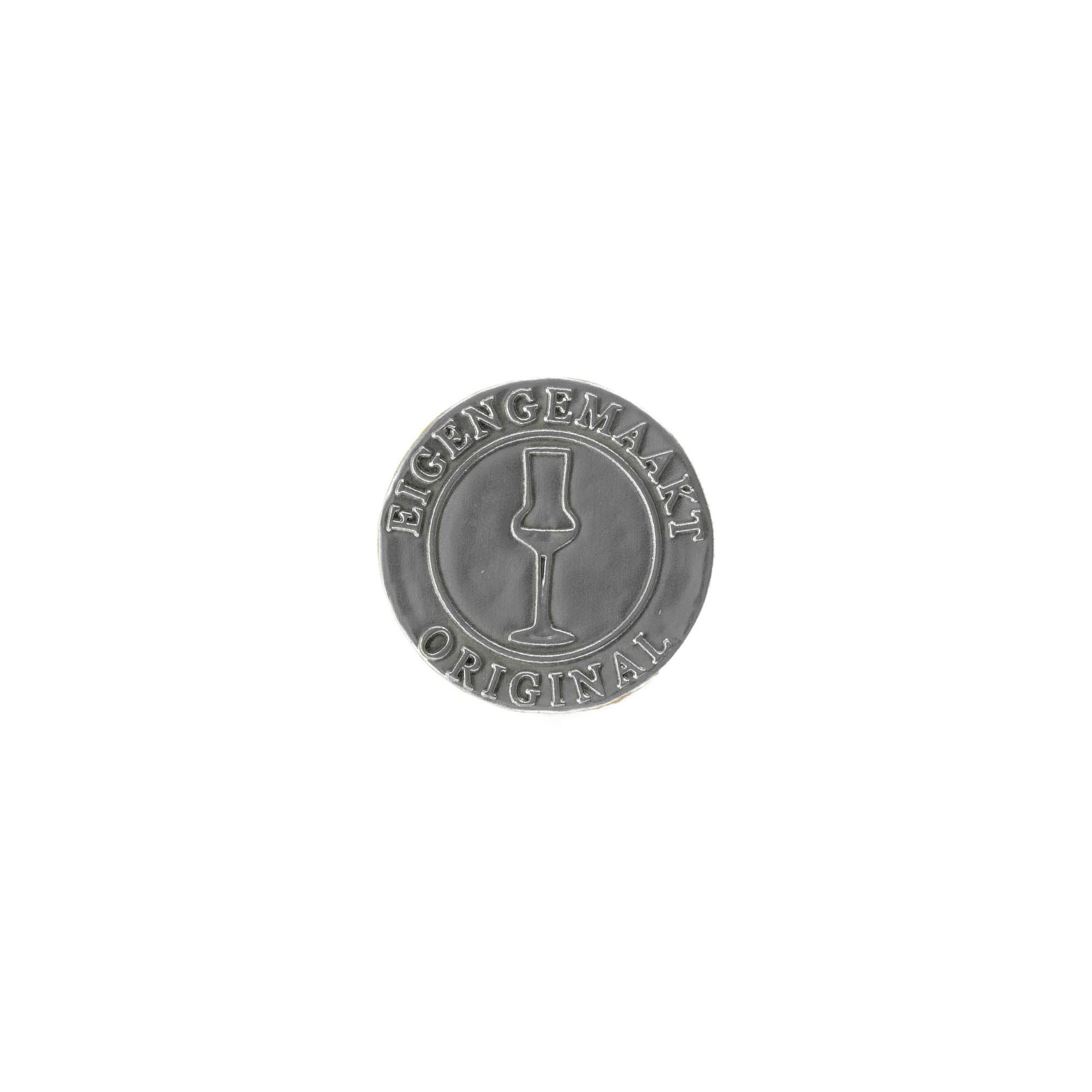 Teneke etiket 'Eigengemaakt', yuvarlak, metal, gümüş renginde Teneke etiket 'Eigengemaakt', yuvarlak, metal, gümüş renginde