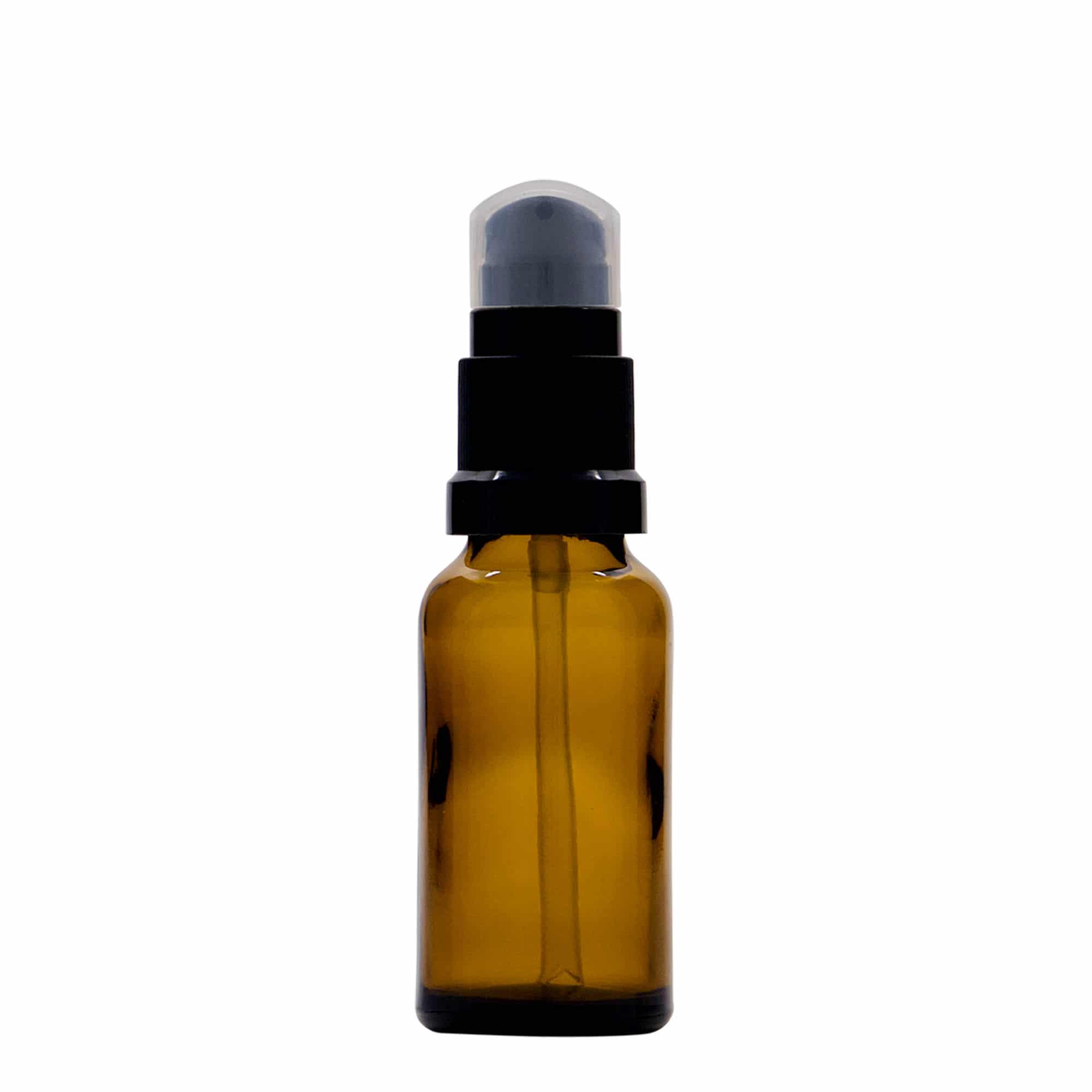 20 ml tıbbi şişe, losyon pompalı, cam, kahverengi, ağız: DIN 18