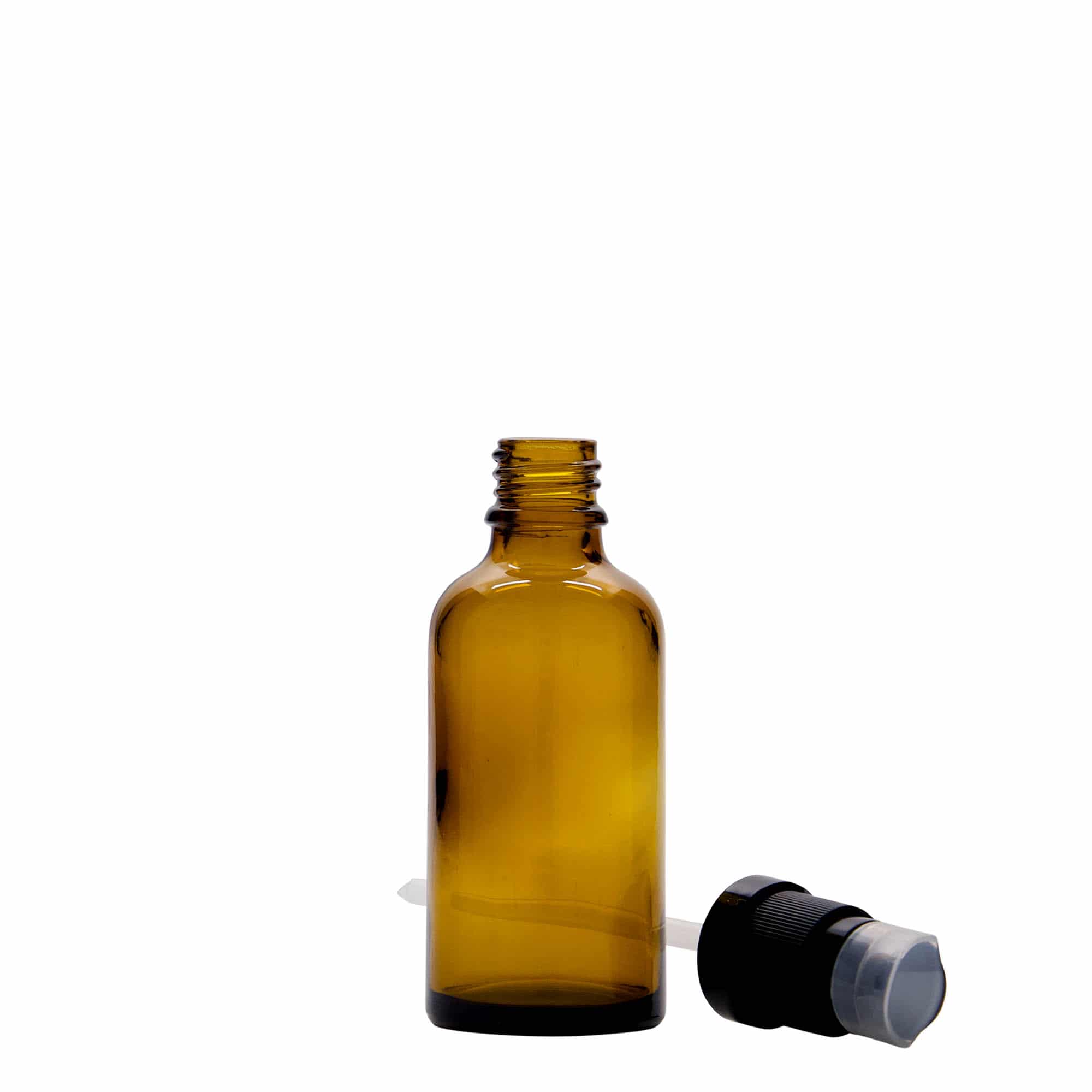 50 ml tıbbi şişe, losyon pompalı, cam, kahverengi, ağız: DIN 18