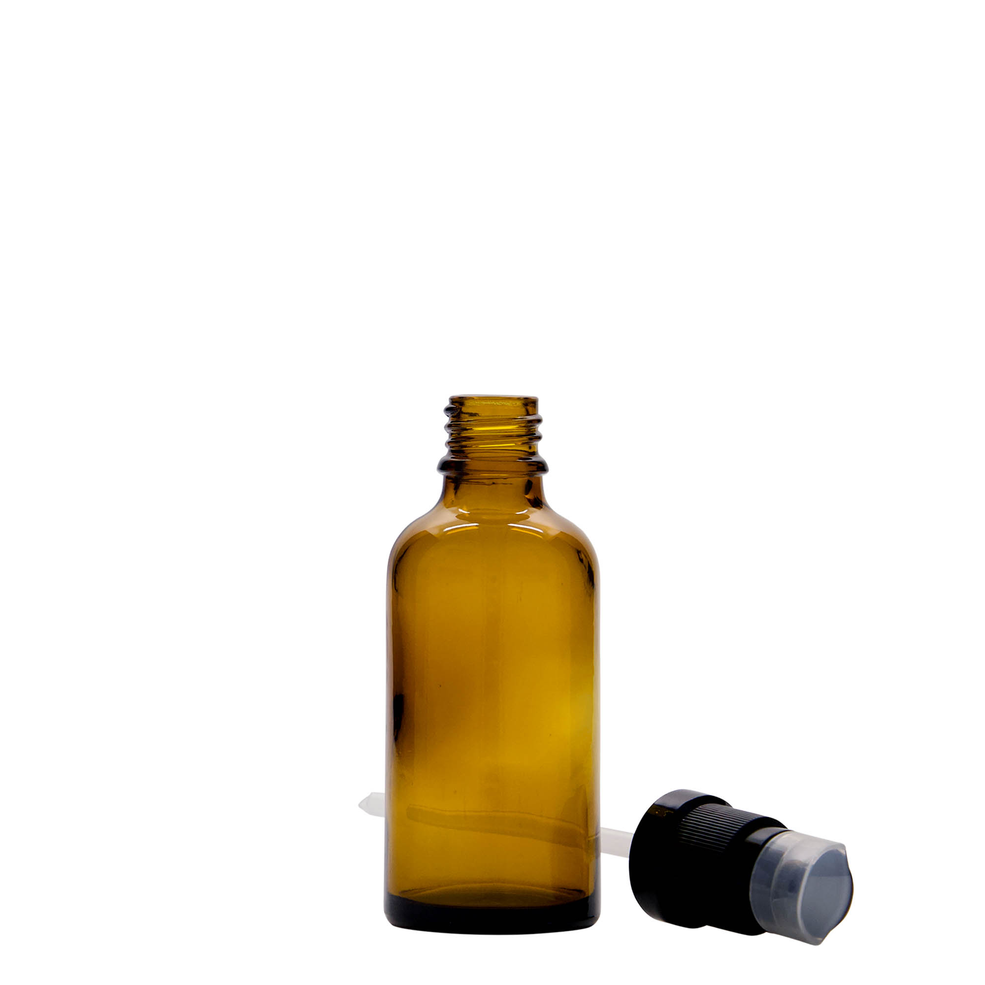 50 ml tıbbi şişe, losyon pompalı, cam, kahverengi, ağız: DIN 18