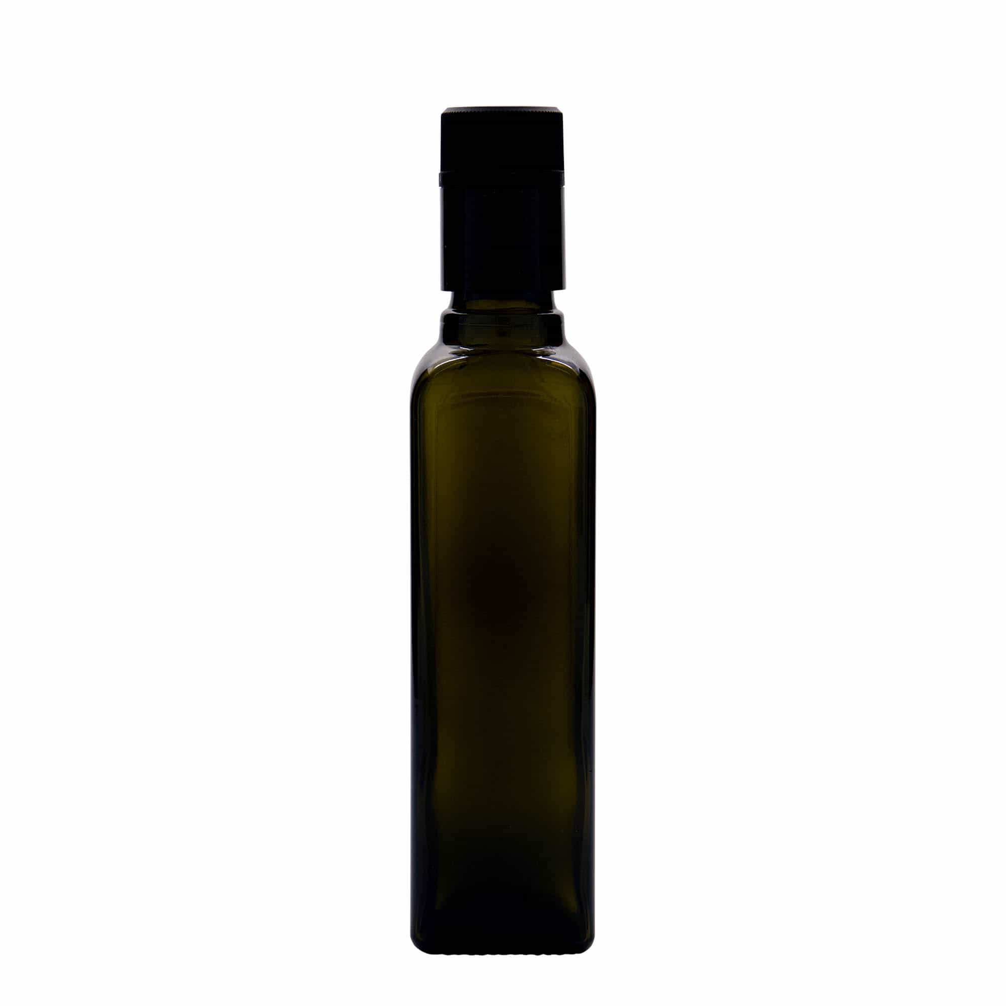250 ml Sirke-/Yağ Şişesi 'Quadra', Cam, kare, antik yeşil, Ağız: DOP
