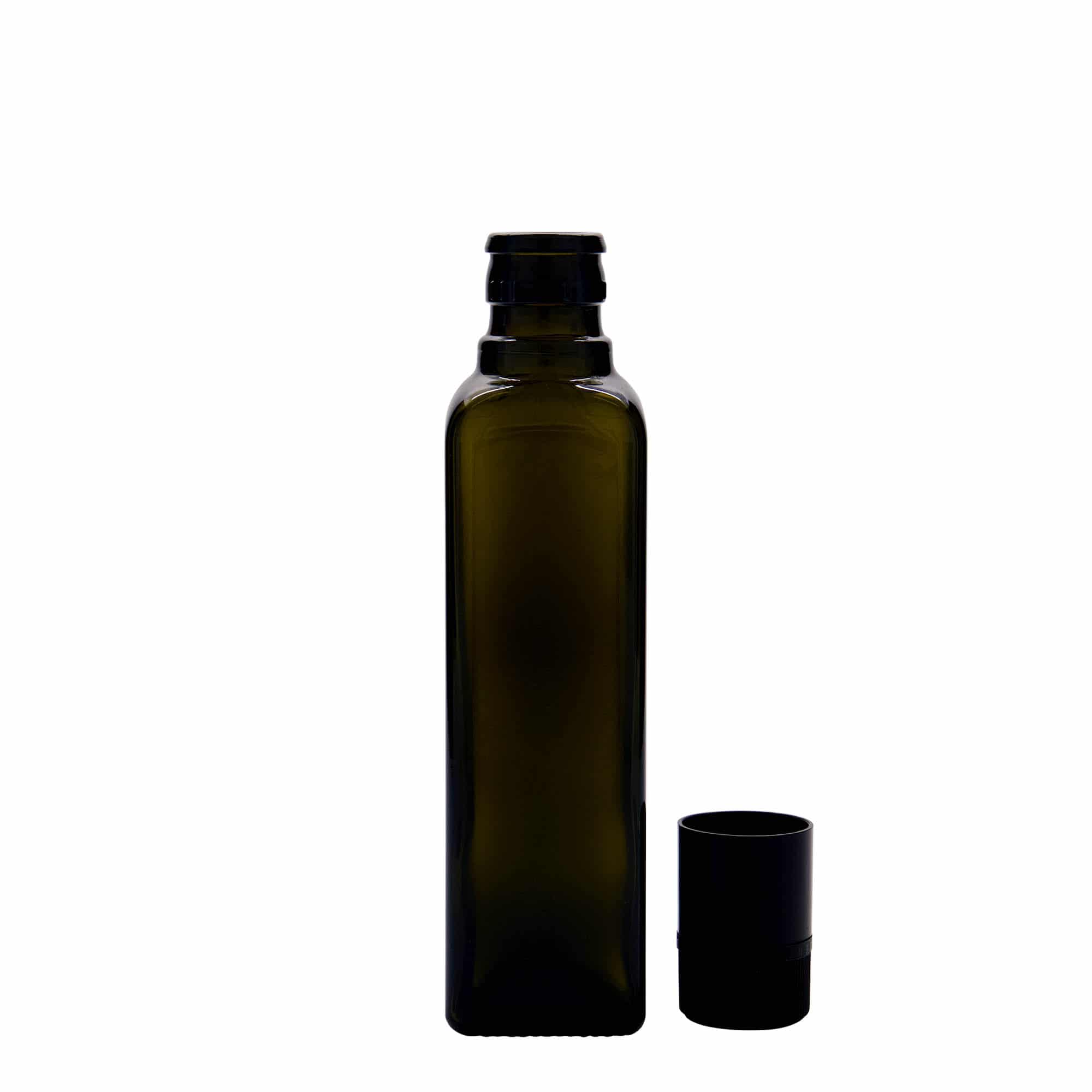 250 ml Sirke-/Yağ Şişesi 'Quadra', Cam, kare, antik yeşil, Ağız: DOP
