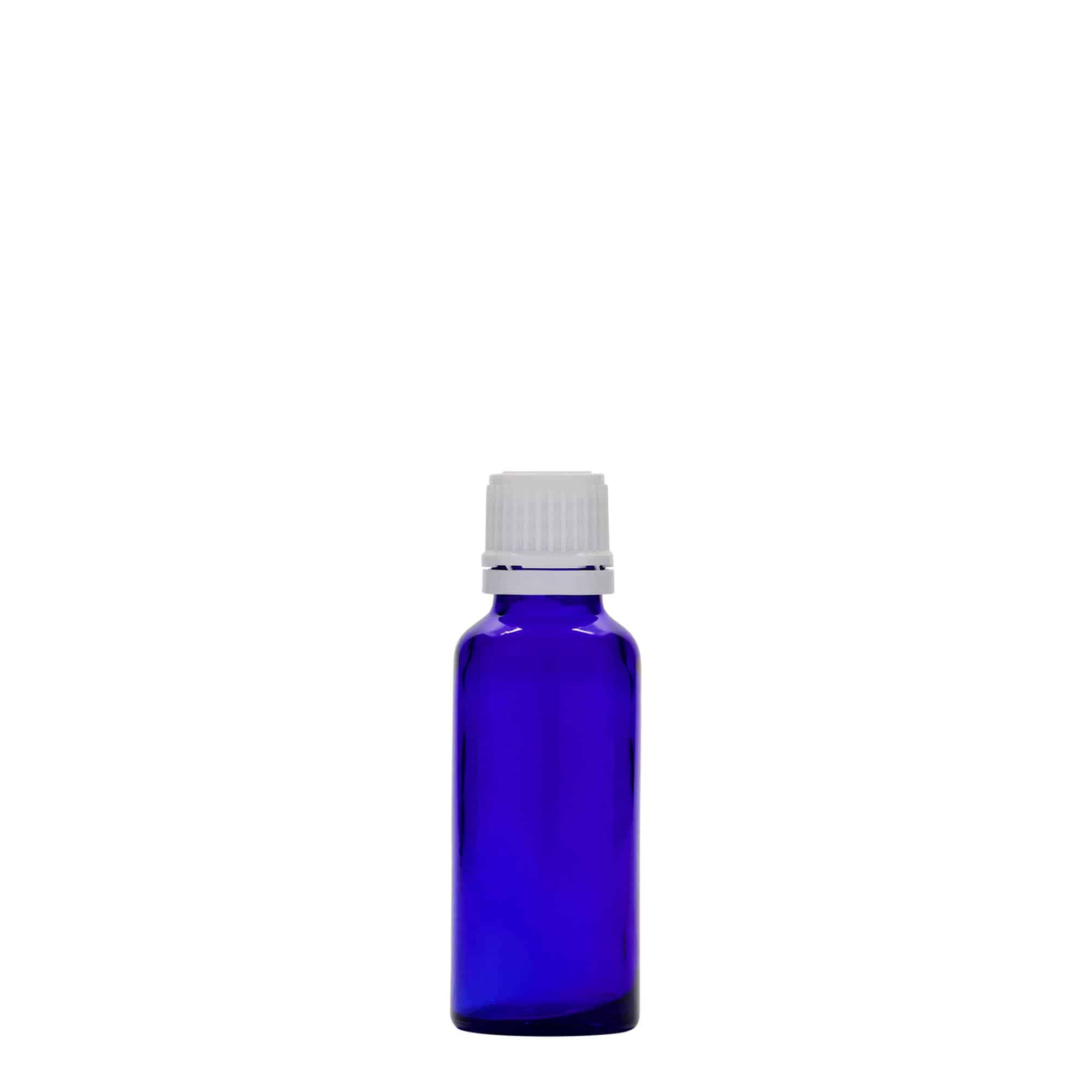30 ml tıbbi şişe, cam, kral mavisi, ağız: DIN 18