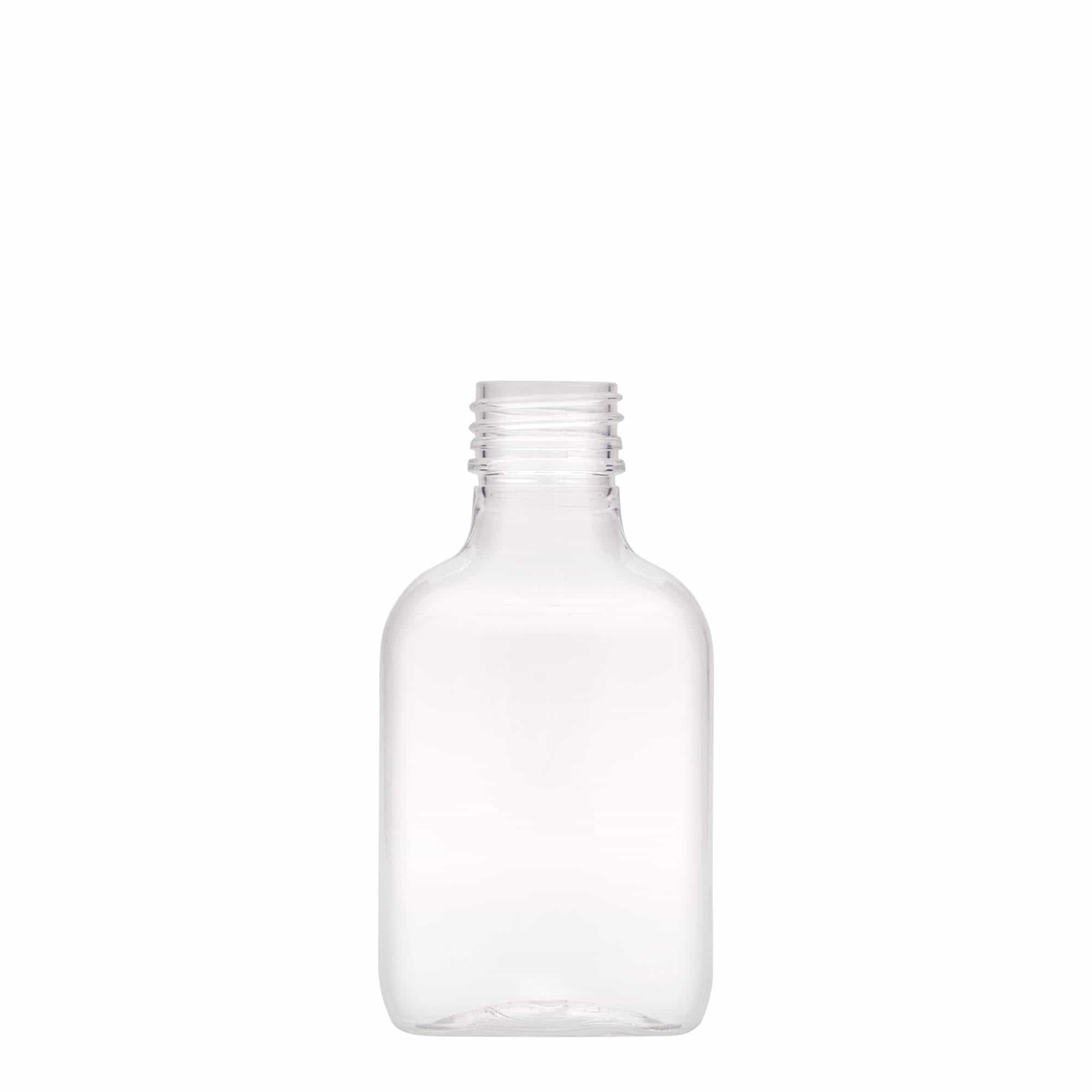 100 ml Cep şişesi, oval, PET plastik, Ağız: PP 28 100 ml Cep şişesi, oval, PET plastik, Ağız: PP 28