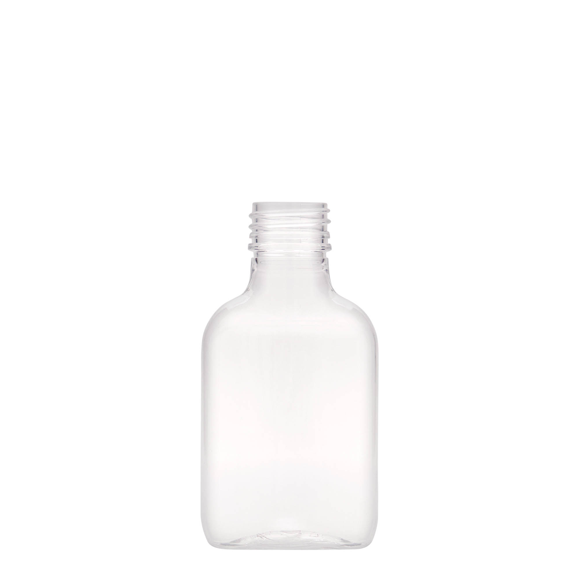 100 ml Cep şişesi, oval, PET plastik, Ağız: PP 28 100 ml Cep şişesi, oval, PET plastik, Ağız: PP 28