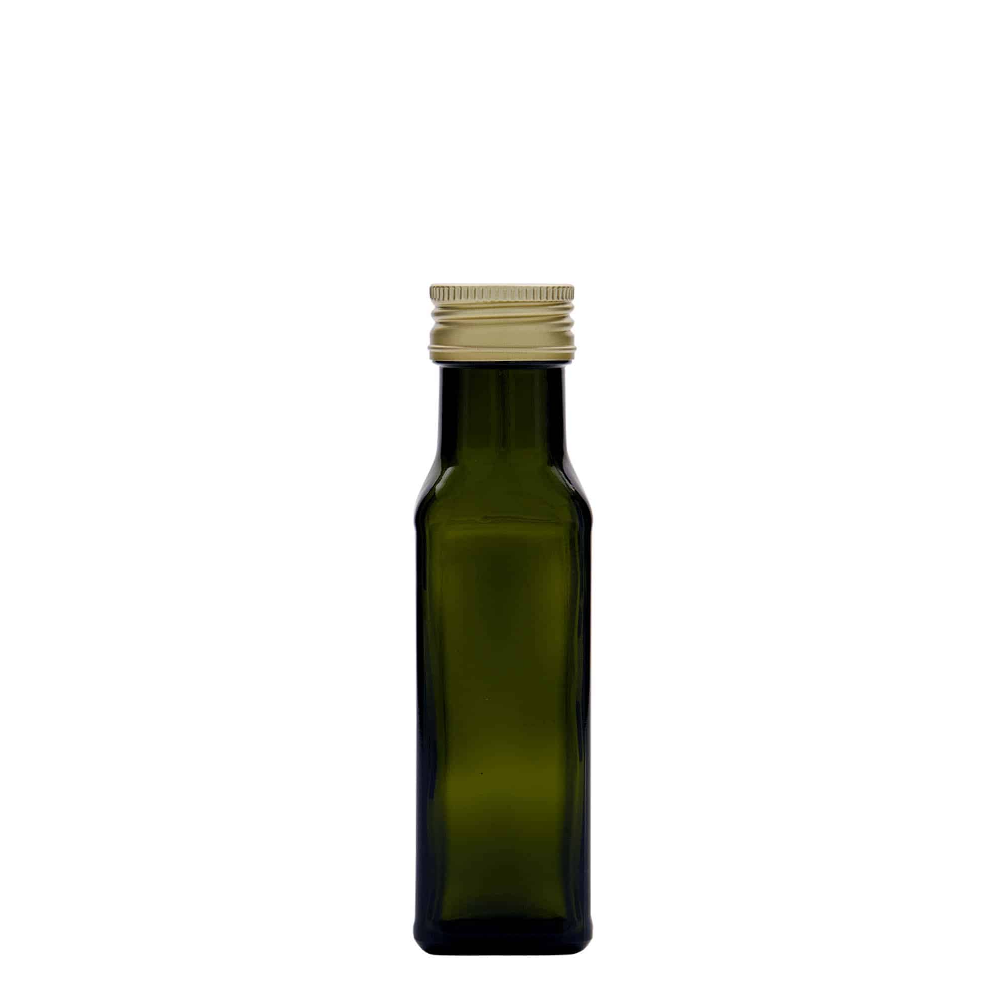 100 ml Cam şişe 'Marasca', kare, antik yeşil, ağız: PP 31,5