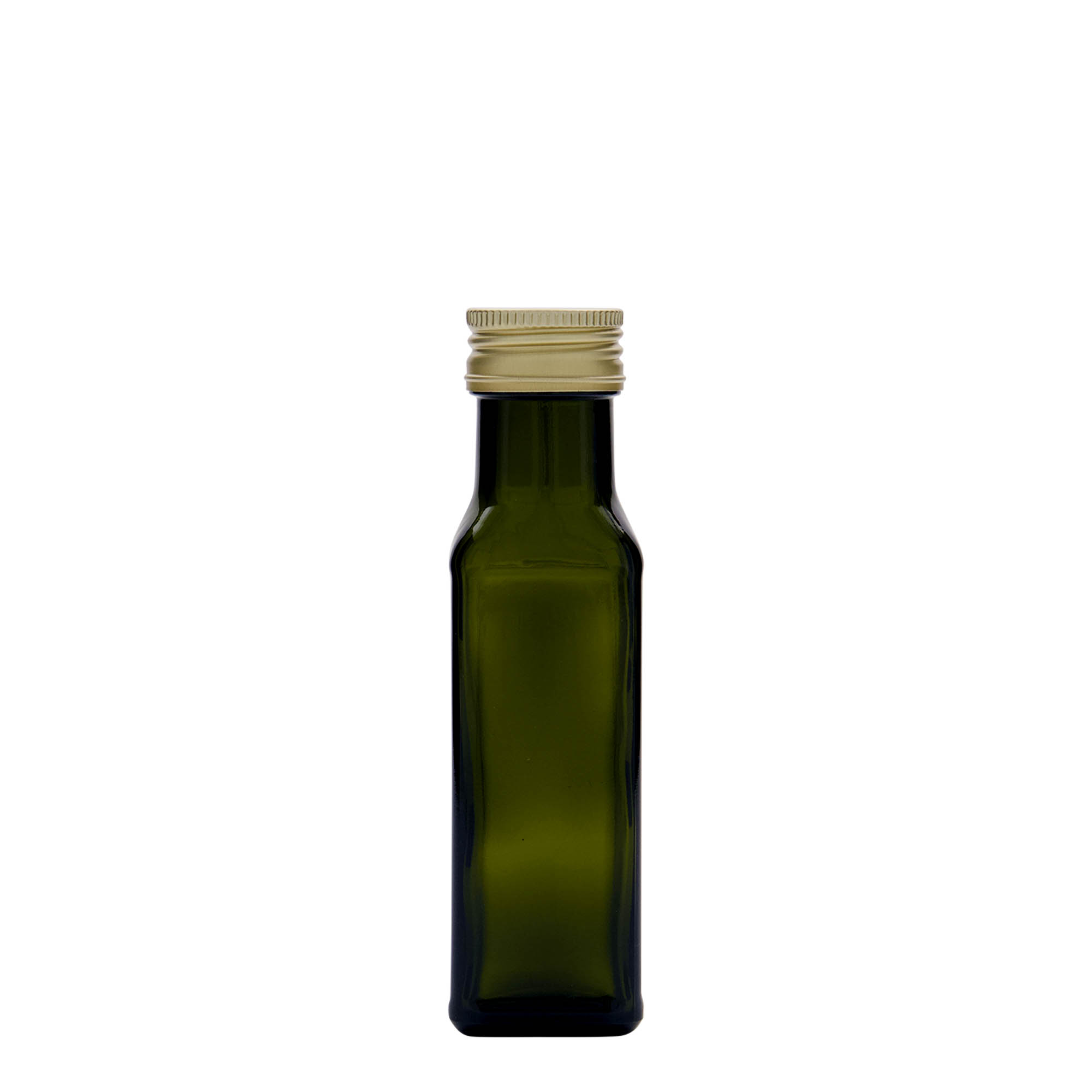 100 ml Cam şişe 'Marasca', kare, antik yeşil, ağız: PP 31,5