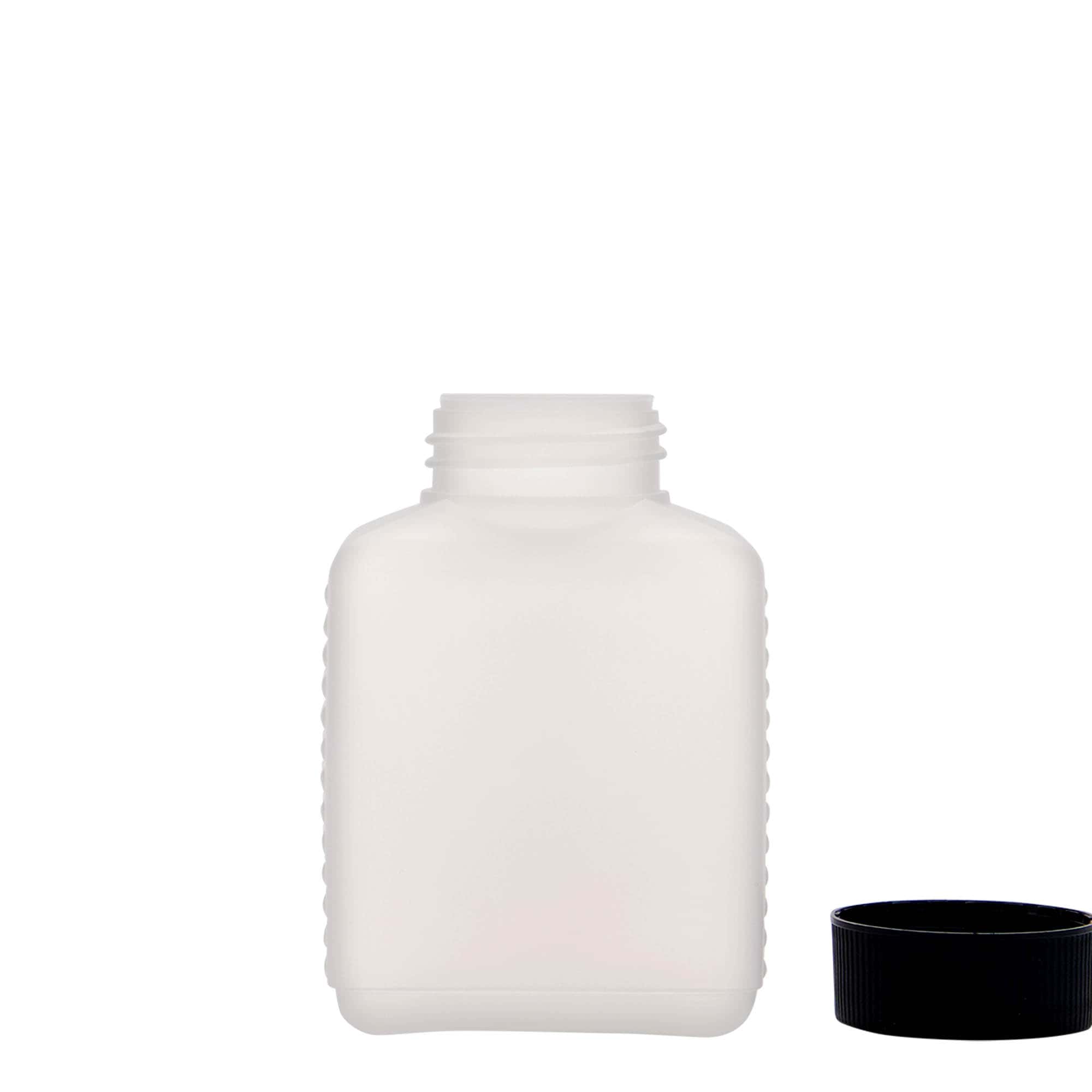 250 ml geniş ağızlı şişe, dikdörtgen, HDPE plastik, doğal, ağız çapı: DIN 40 EPE 250 ml geniş ağızlı şişe, dikdörtgen, HDPE plastik, doğal, ağız çapı: DIN 40 EPE