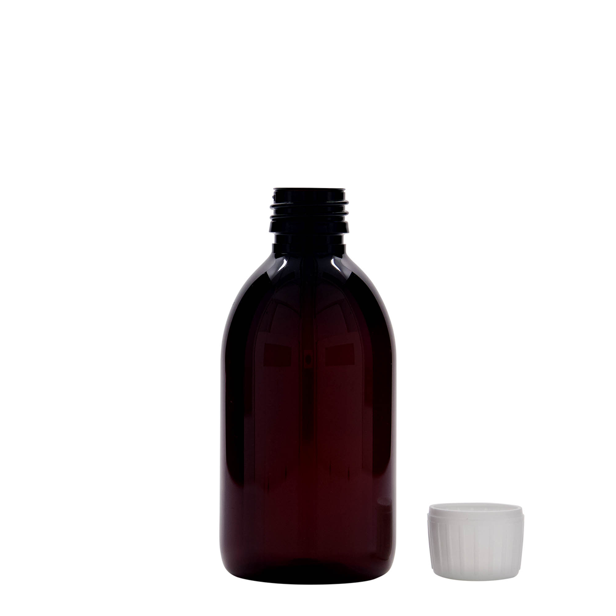 250 ml PET tıbbi şişe, kahverengi, plastik, ağız: PP 28