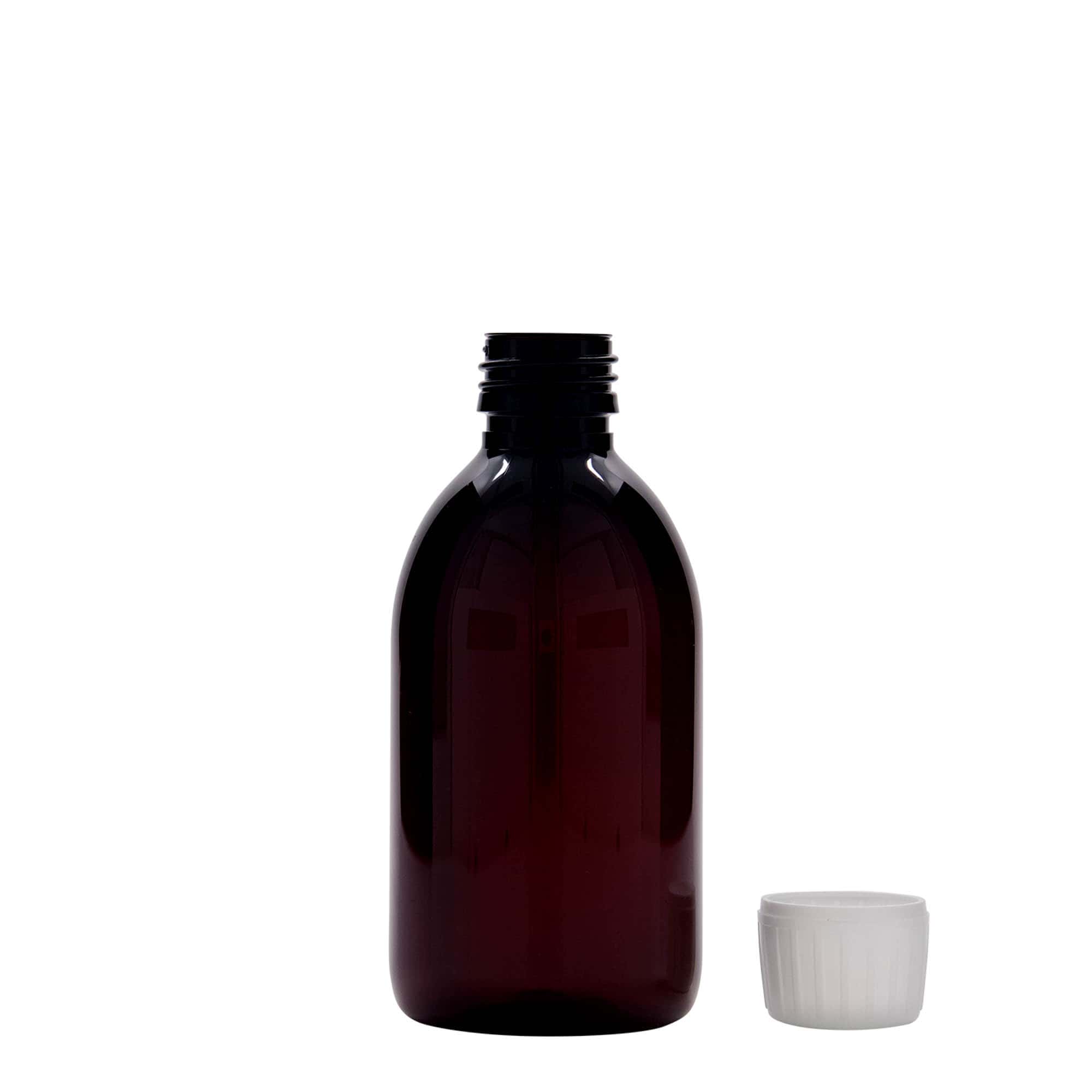 250 ml PET tıbbi şişe, kahverengi, plastik, ağız: PP 28