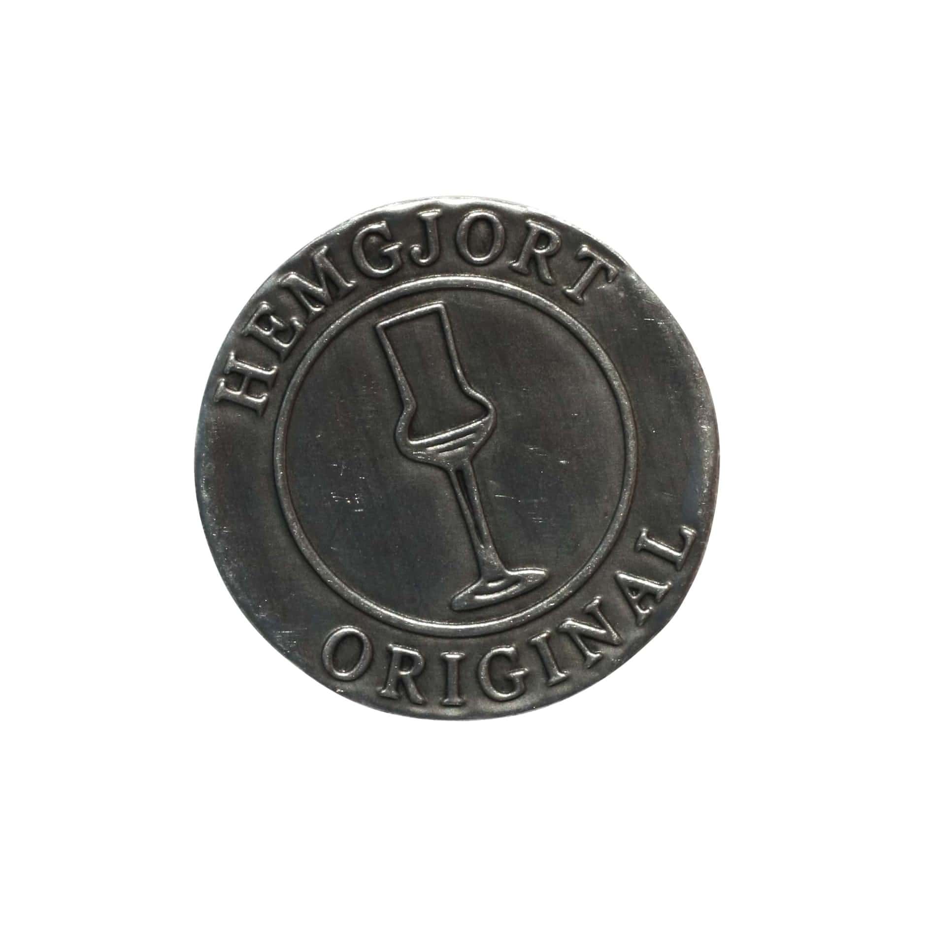 Kurşun etiketi 'Hemgjort Original', yuvarlak, metal, gümüş Kurşun etiketi 'Hemgjort Original', yuvarlak, metal, gümüş