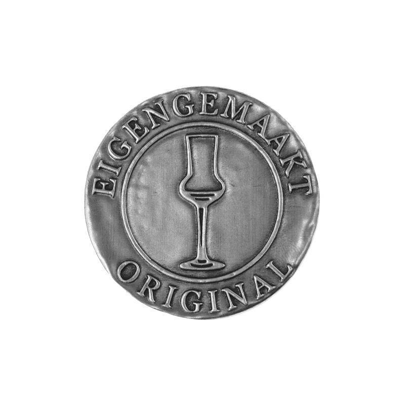 Teneke etiket 'Eigengemaakt', yuvarlak, metal, gümüş renginde Teneke etiket 'Eigengemaakt', yuvarlak, metal, gümüş renginde