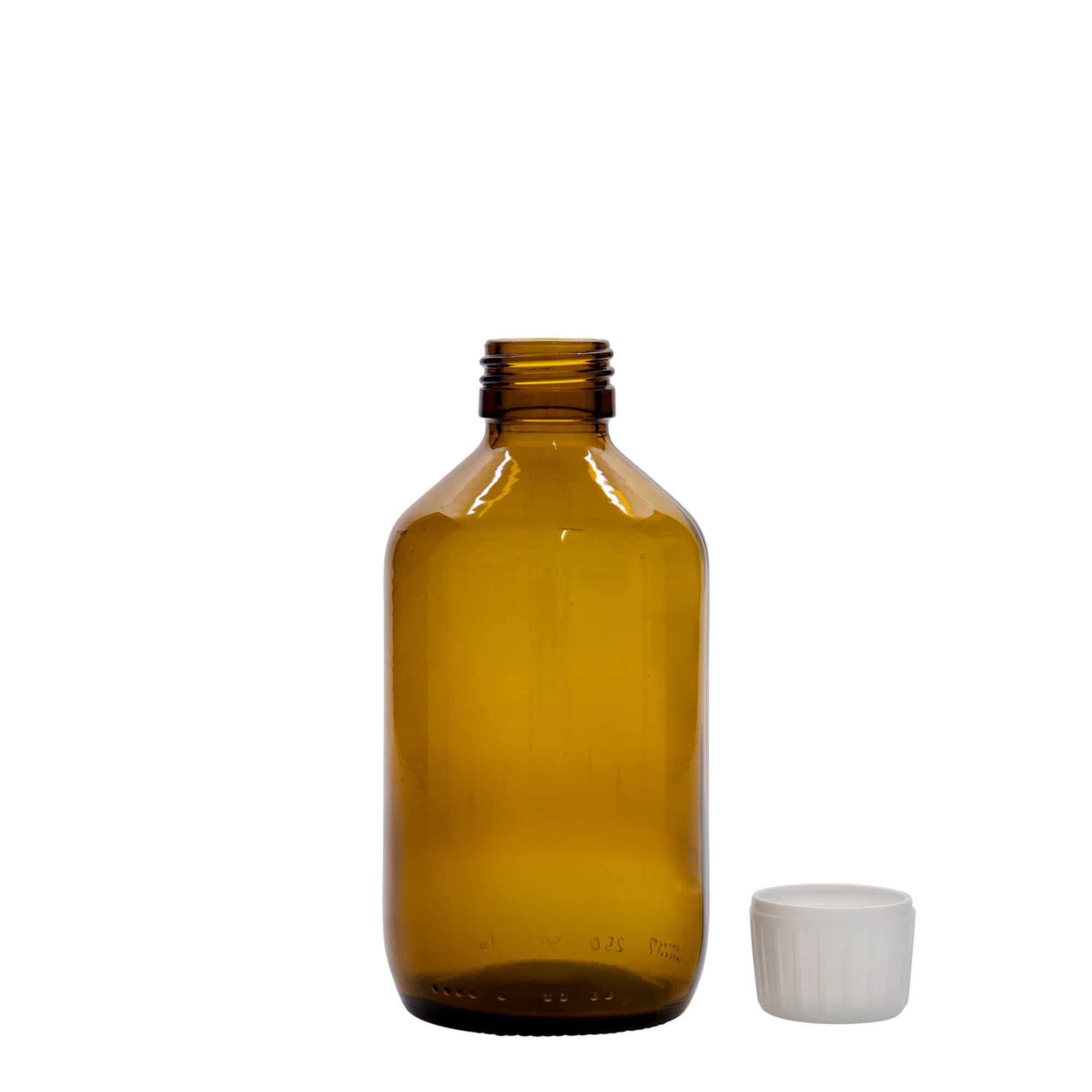 250 ml tıbbi şişe, kahverengi, cam, ağız: PP 28