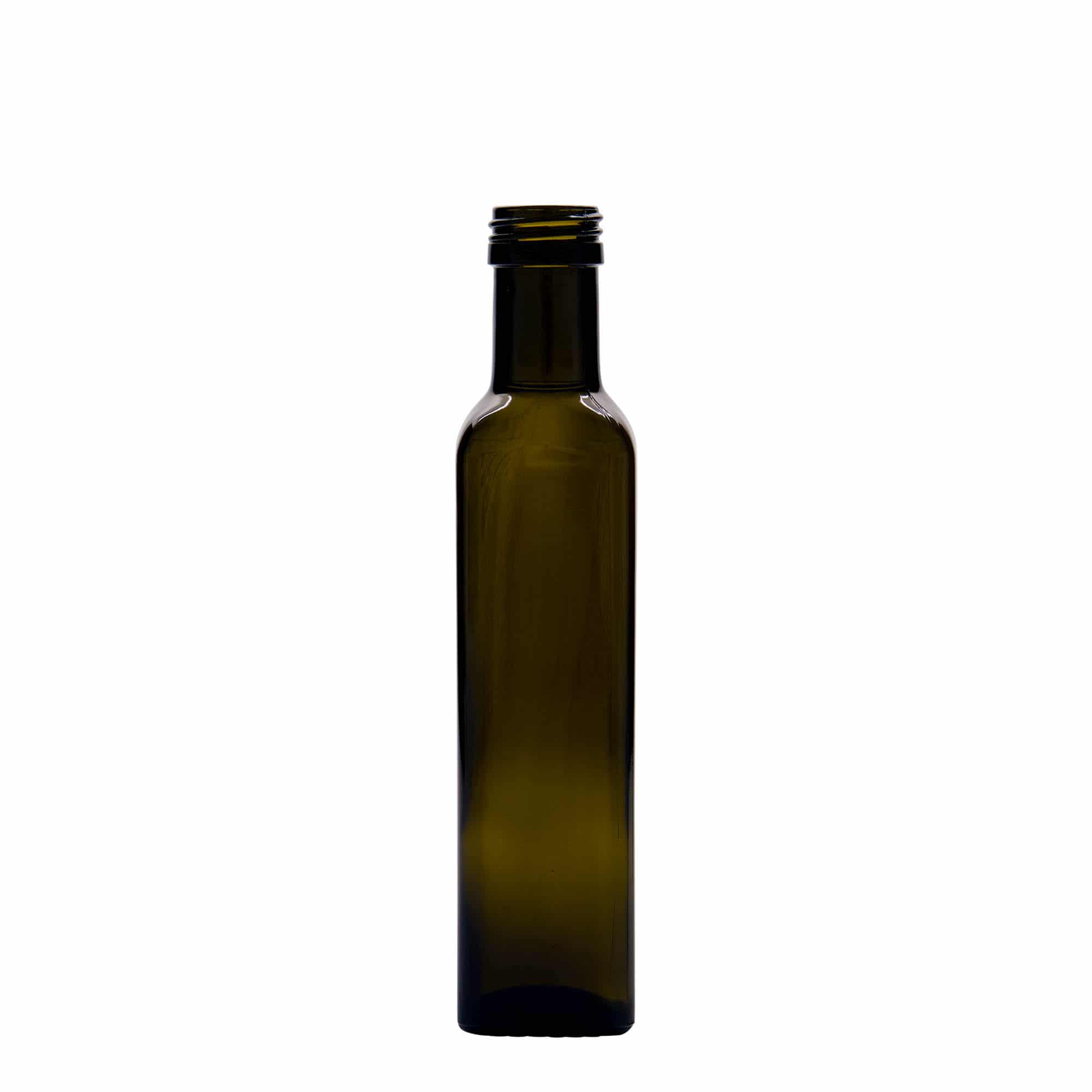 250 ml Cam şişe 'Marasca', kare, antik yeşil, Ağız: PP 31,5