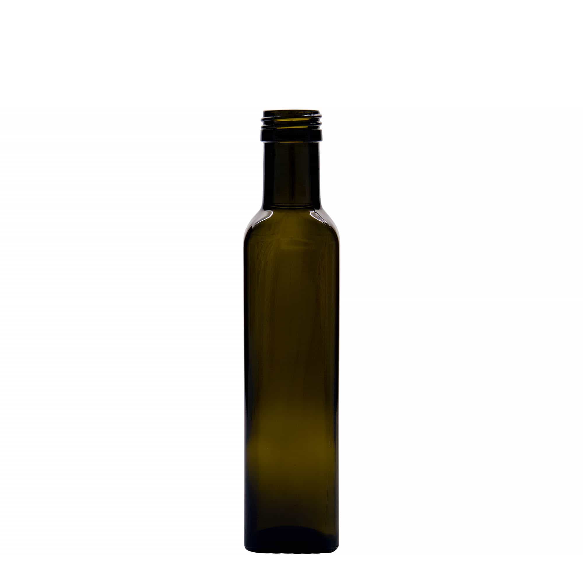 250 ml Cam şişe 'Marasca', kare, antik yeşil, Ağız: PP 31,5
