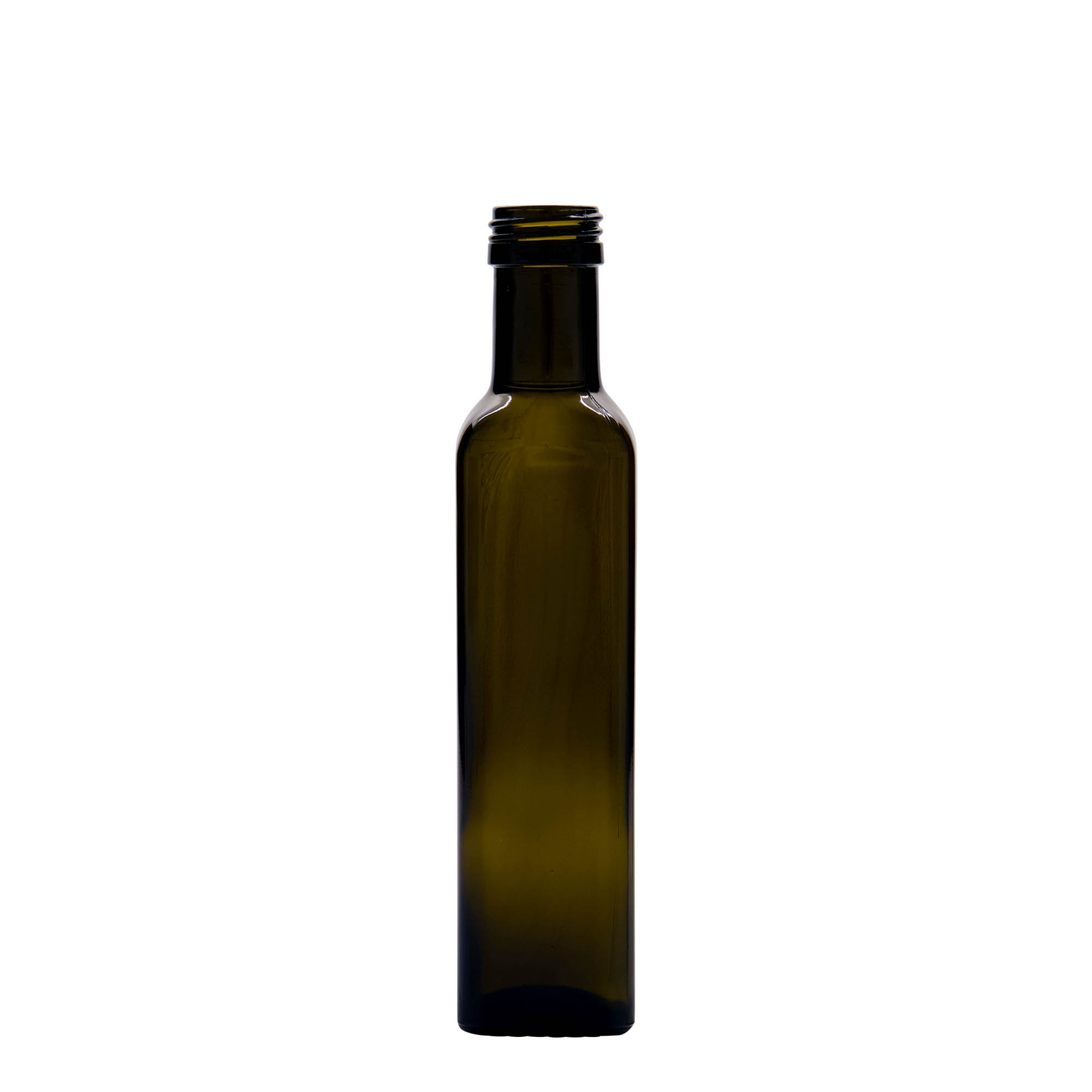 250 ml Cam şişe 'Marasca', kare, antik yeşil, Ağız: PP 31,5