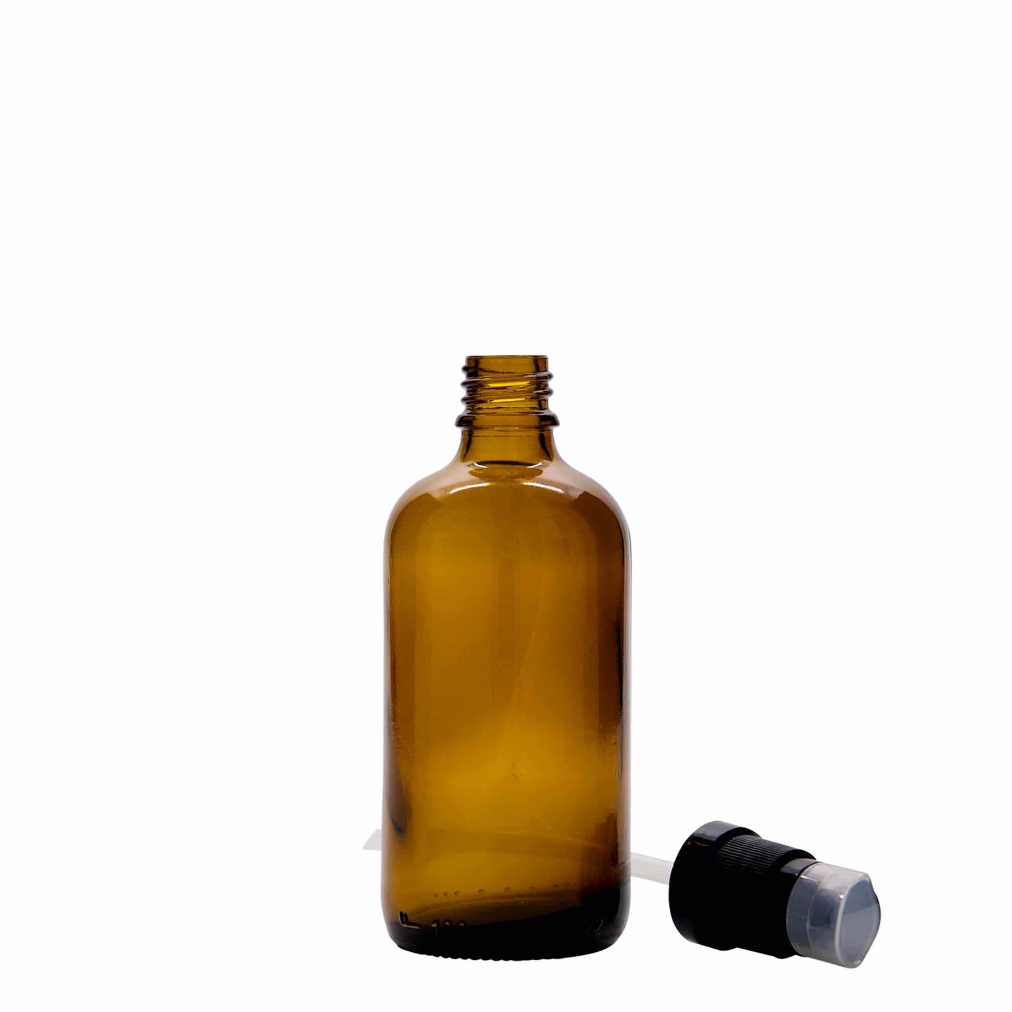 100 ml tıbbi şişe, losyon pompalı, cam, kahverengi, ağız: DIN 18