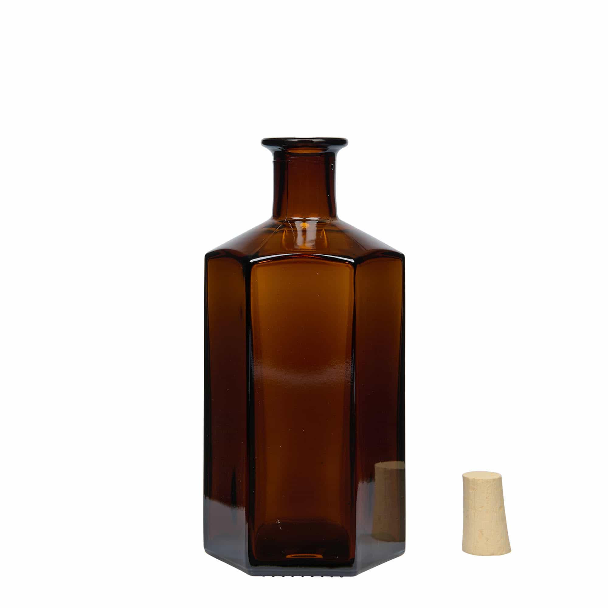 500 ml Cam Şişe Eczacı 'Jimmy', altıgen, kahverengi, Ağız: Mantar
