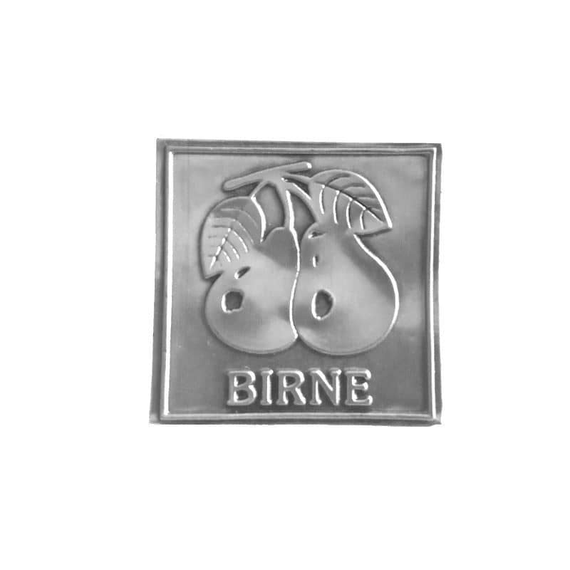Kurşun etiketi 'Armut', kare, metal, gümüş renk