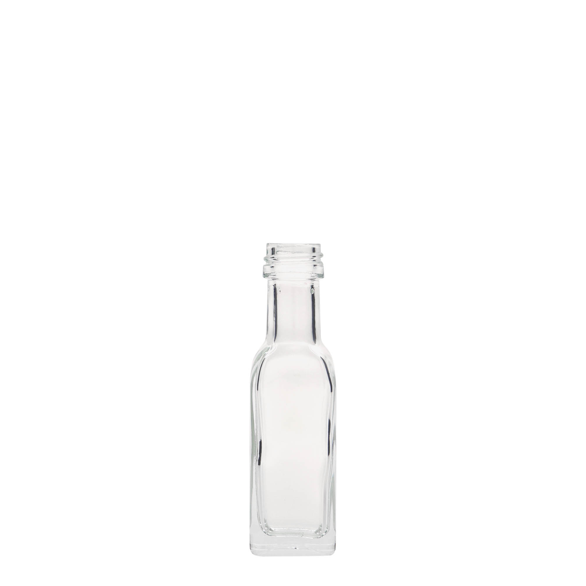 20 ml cam şişe 'Marasca', kare, ağız: PP 18