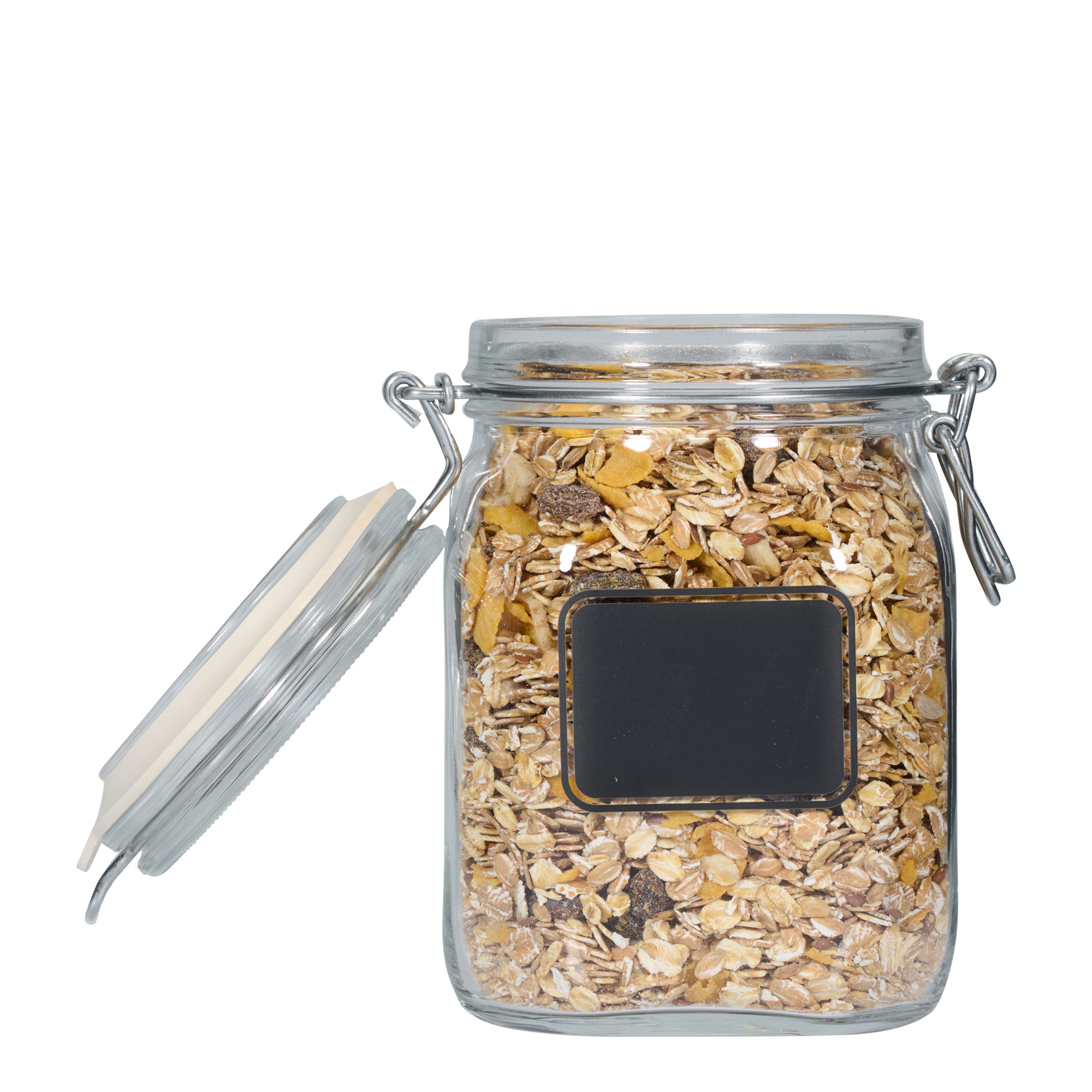 1.000 ml Tel Mandallı Kavanoz 'Fido', Motif: Etiket Alanı, kare, Ağız: Tel Mandallı Kapatma