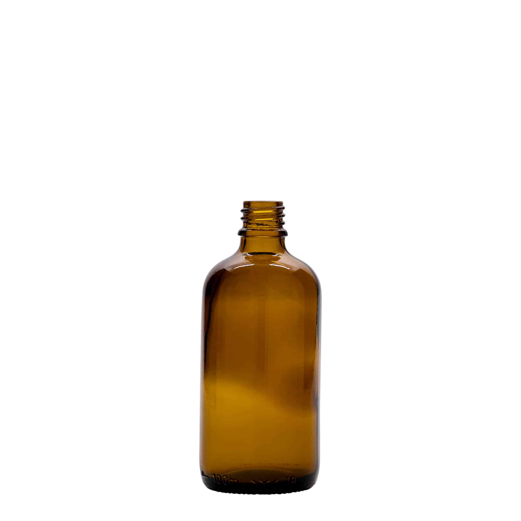 100 ml tıbbi şişe, cam, kahverengi, ağız: DIN 18