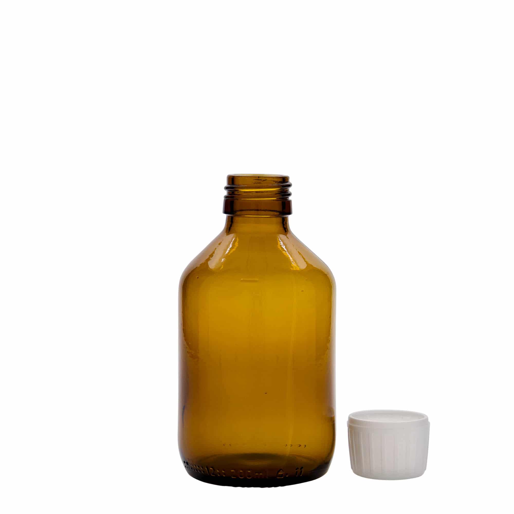 200 ml tıbbi şişe, kahverengi, cam, ağız: PP 28