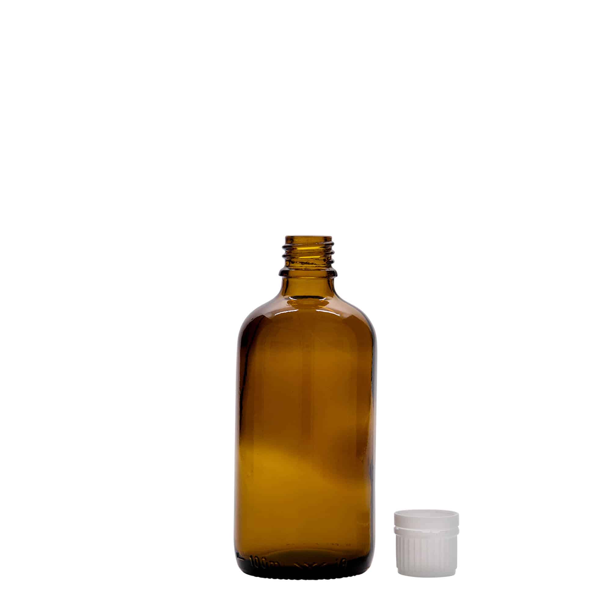 100 ml tıbbi şişe, cam, kahverengi, ağız: DIN 18