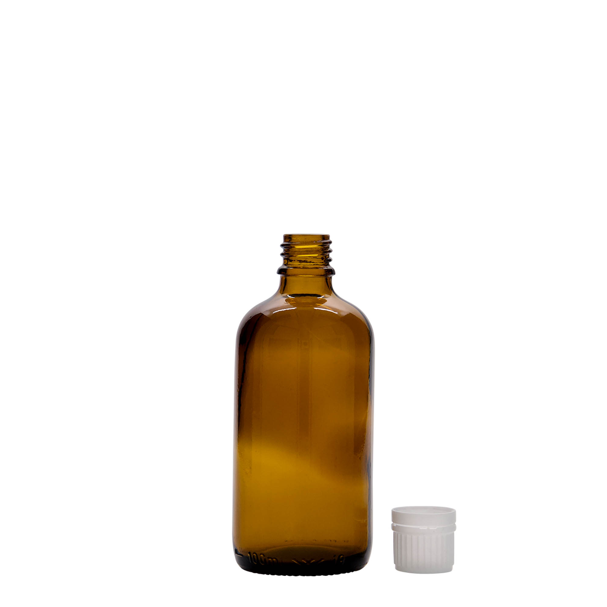 100 ml tıbbi şişe, cam, kahverengi, ağız: DIN 18