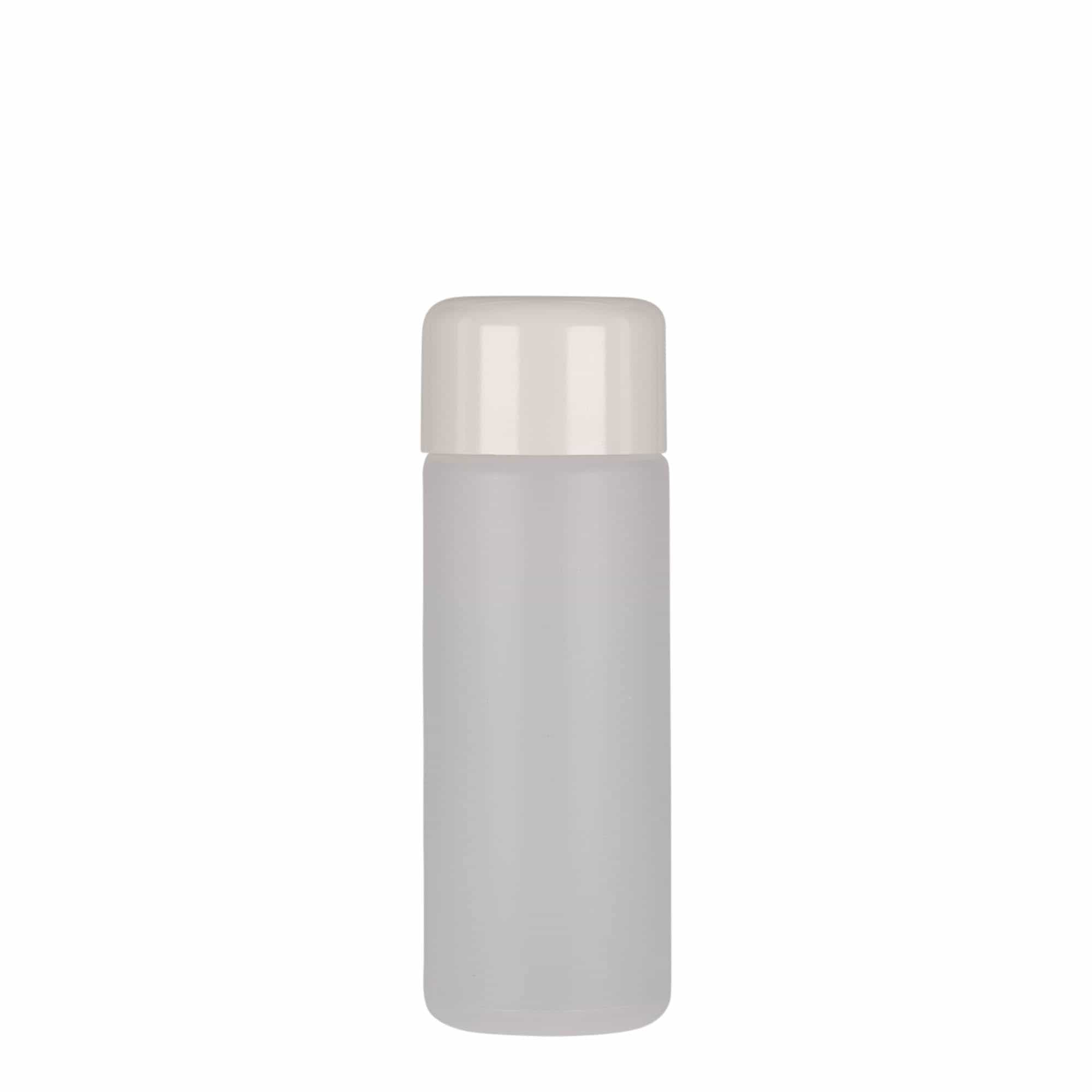 100 ml yuvarlak şişe, PE plastik, doğal, ağız: vidalı kapak