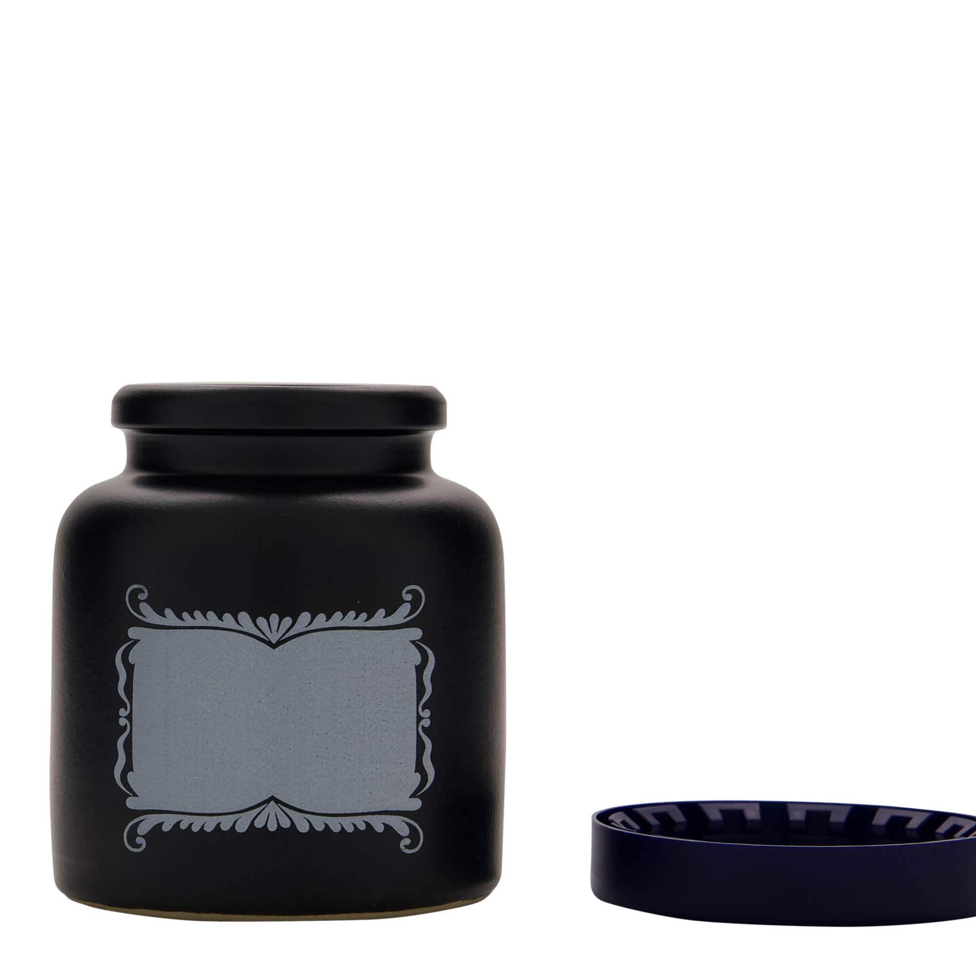 270 ml taş toprak kabı, motif: etiket alanı, seramik, siyah, ağız: kapaklı