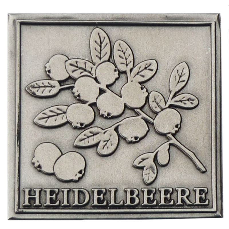 Mavi yemiş 'Heidelbeere' teneke etiketi, kare, metal, gümüş