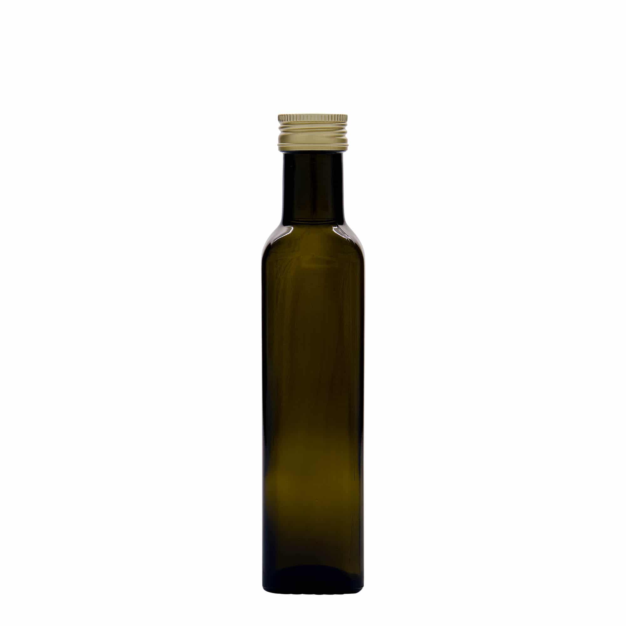 250 ml Cam şişe 'Marasca', kare, antik yeşil, Ağız: PP 31,5