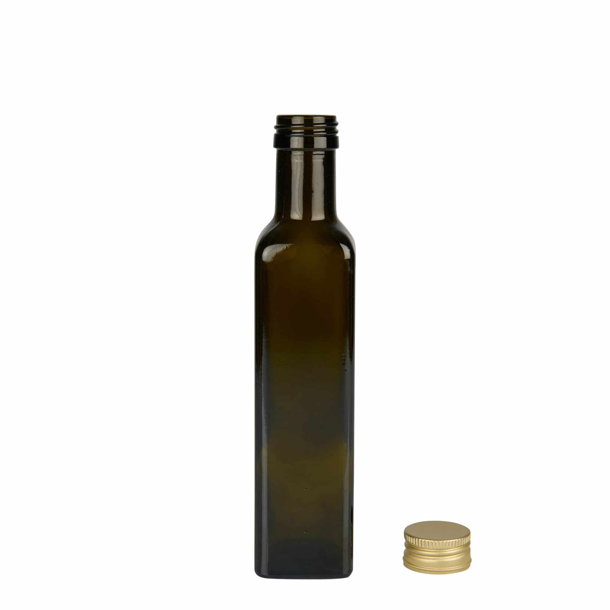 250 ml Cam şişe 'Marasca', kare, antik yeşil, Ağız: PP 31,5