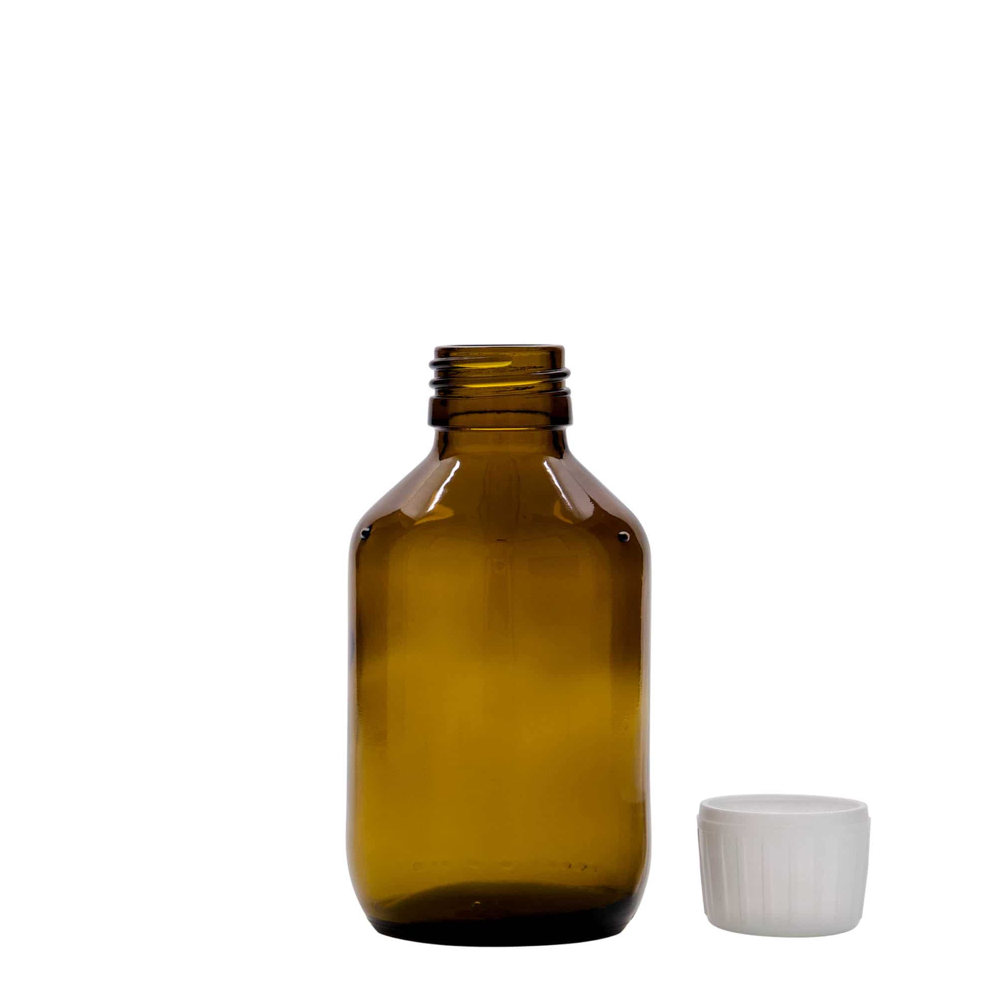150 ml tıbbi şişe, kahverengi, cam, ağız: PP 28