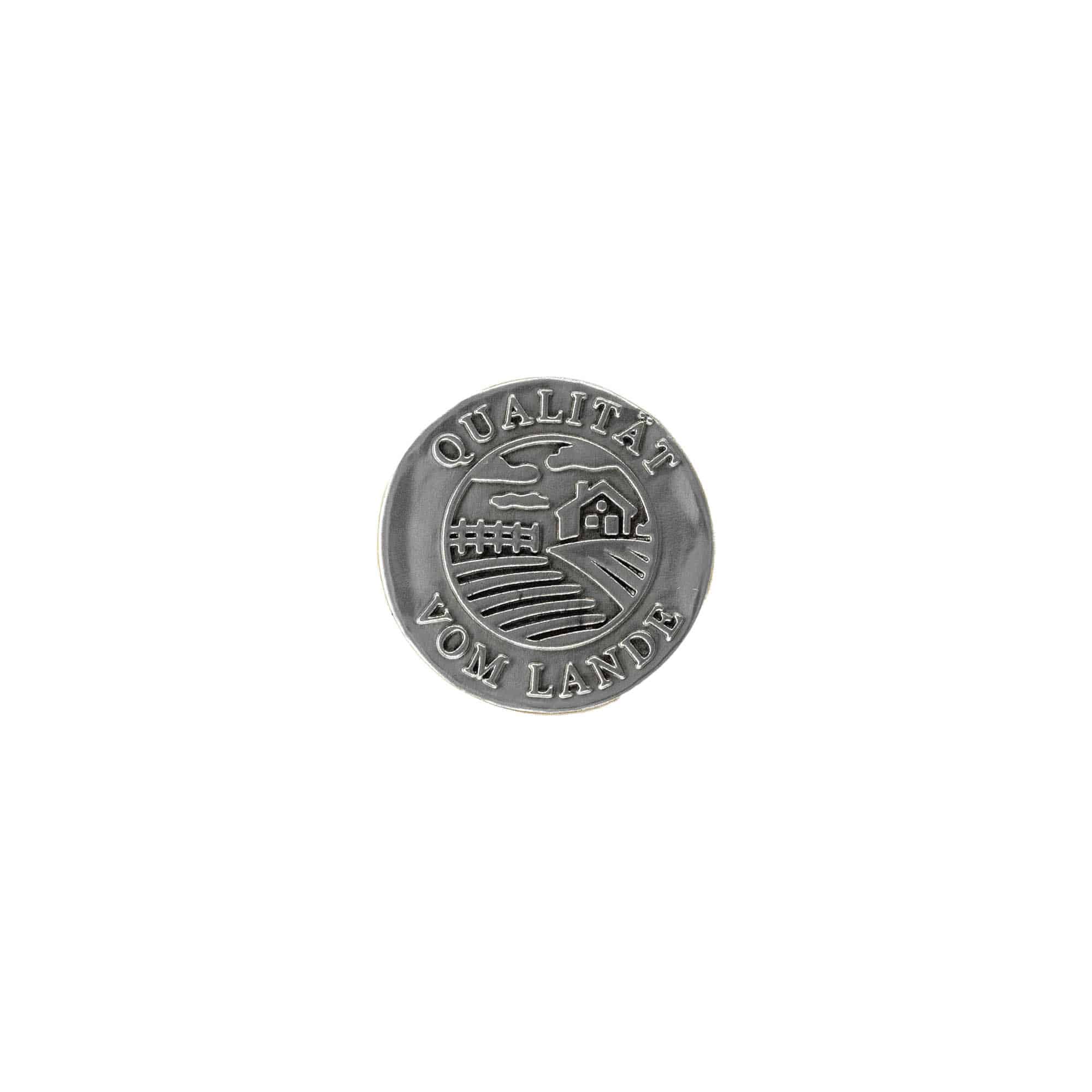Kalay etiketi 'Kırsal Kalite', yuvarlak, metal, gümüş Kalay etiketi 'Kırsal Kalite', yuvarlak, metal, gümüş