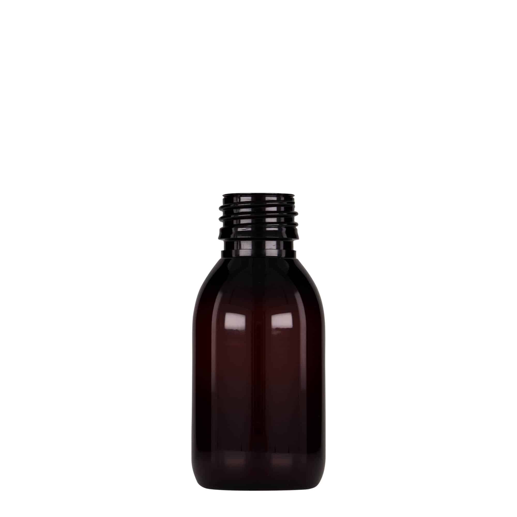 100 ml PET tıbbi şişe, kahverengi, plastik, ağız: PP 28 100 ml PET tıbbi şişe, kahverengi, plastik, ağız: PP 28