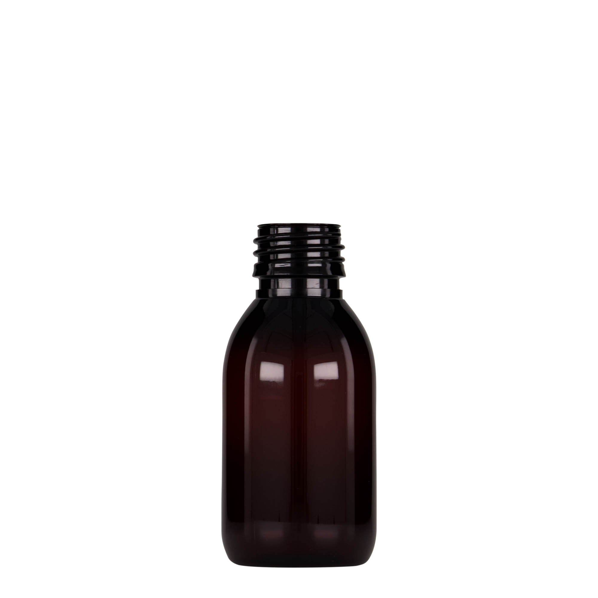 100 ml PET tıbbi şişe, kahverengi, plastik, ağız: PP 28 100 ml PET tıbbi şişe, kahverengi, plastik, ağız: PP 28