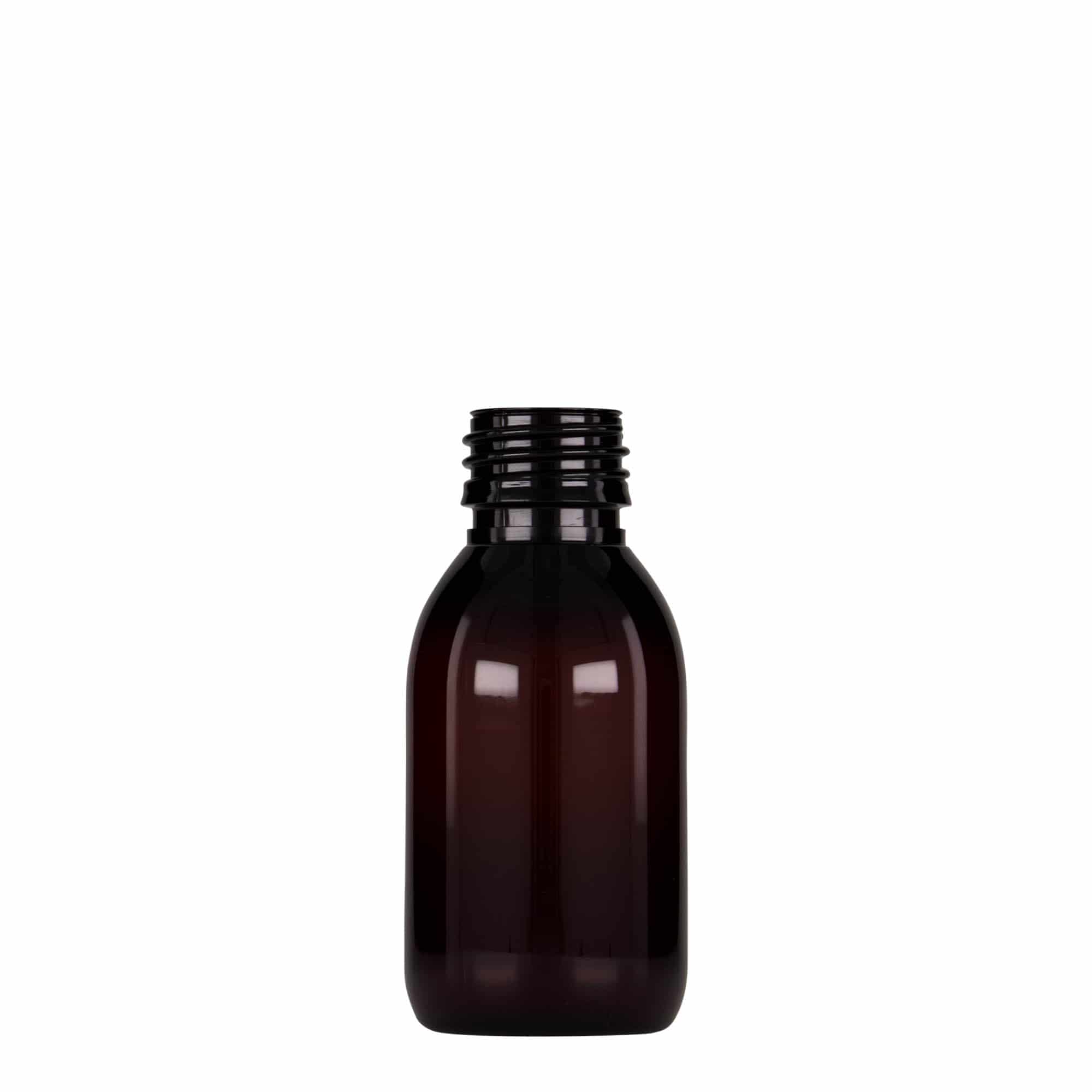 100 ml PET tıbbi şişe, kahverengi, plastik, ağız: PP 28