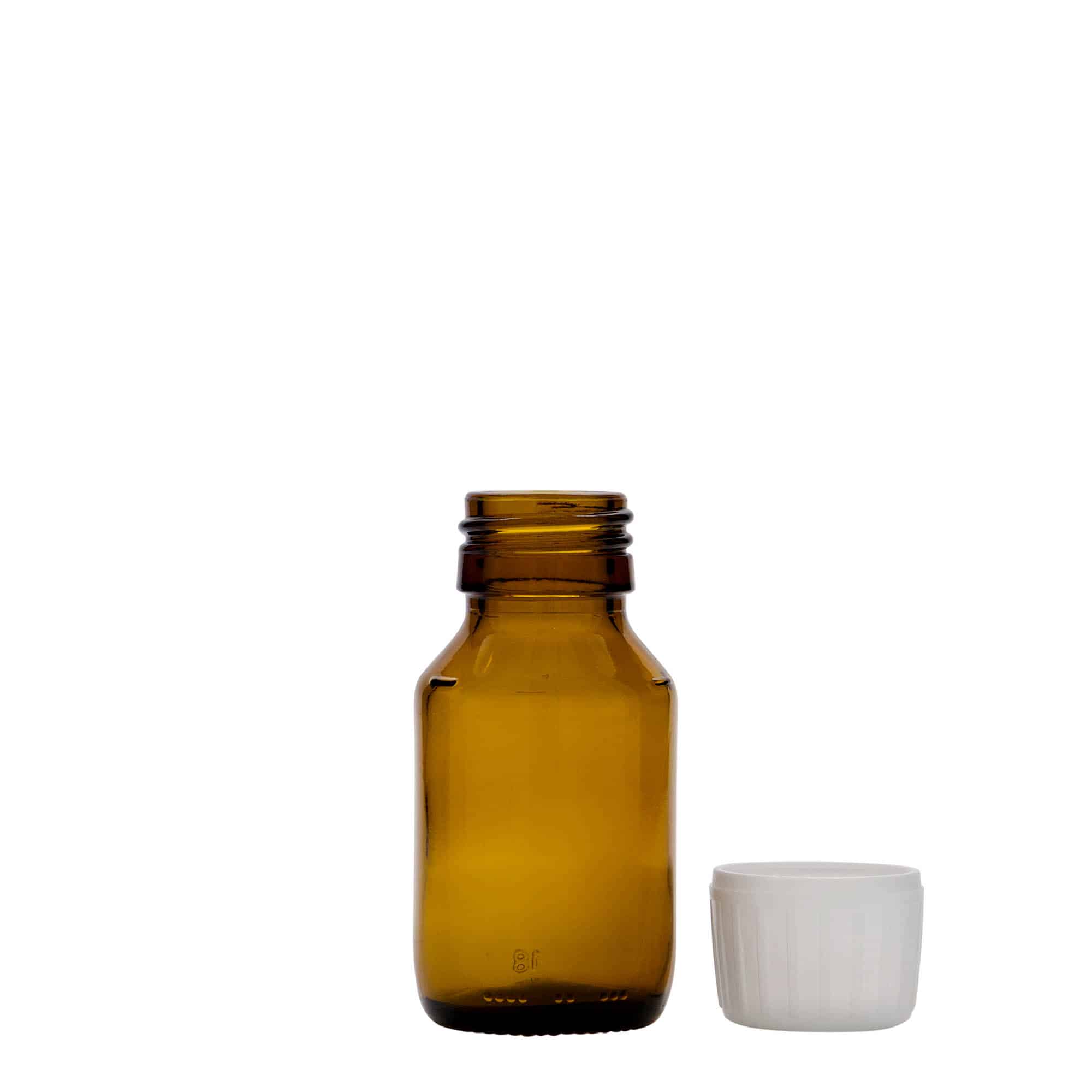 50 ml tıbbi şişe, kahverengi, cam, ağız: PP 28