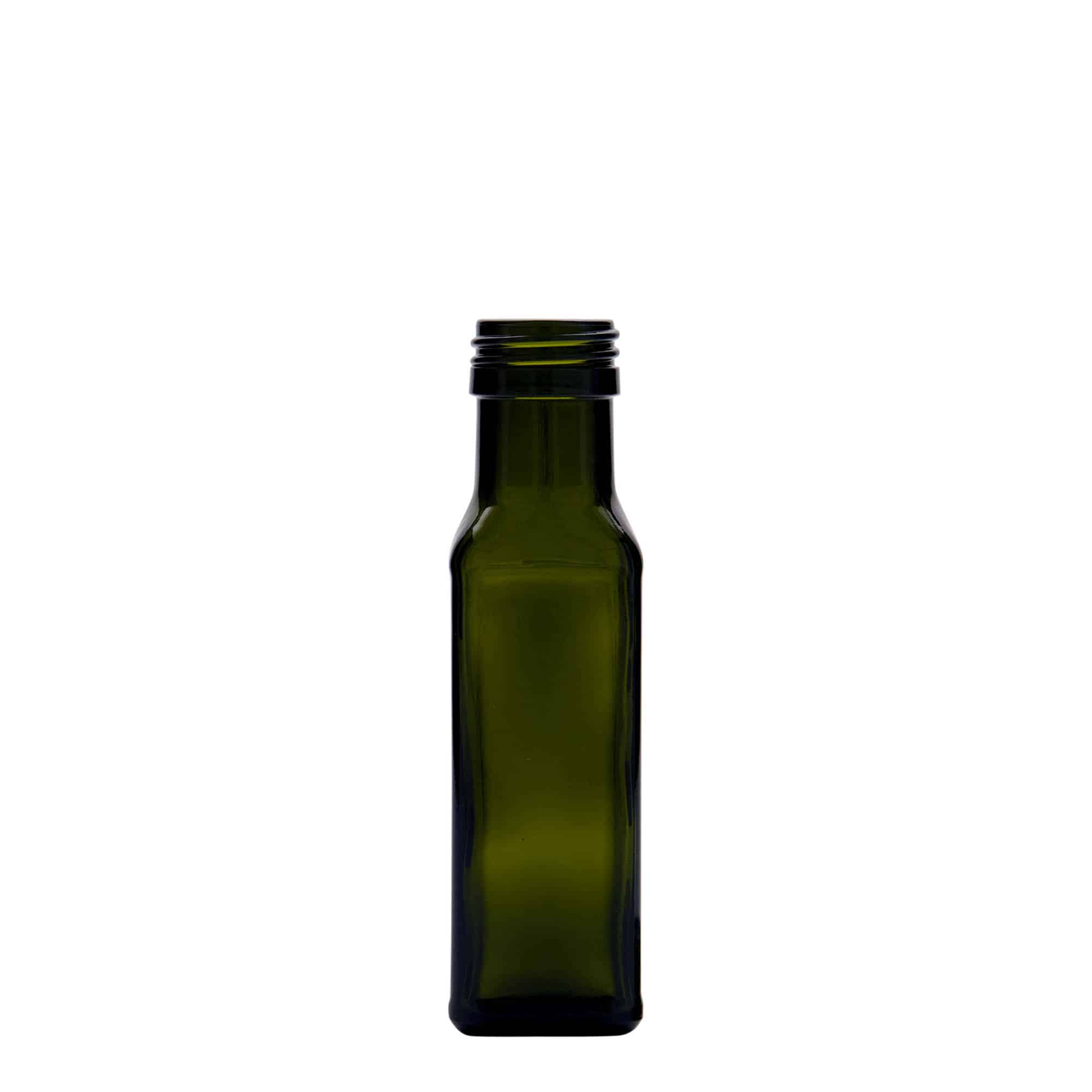 100 ml Cam şişe 'Marasca', kare, antik yeşil, ağız: PP 31,5 100 ml Cam şişe 'Marasca', kare, antik yeşil, ağız: PP 31,5