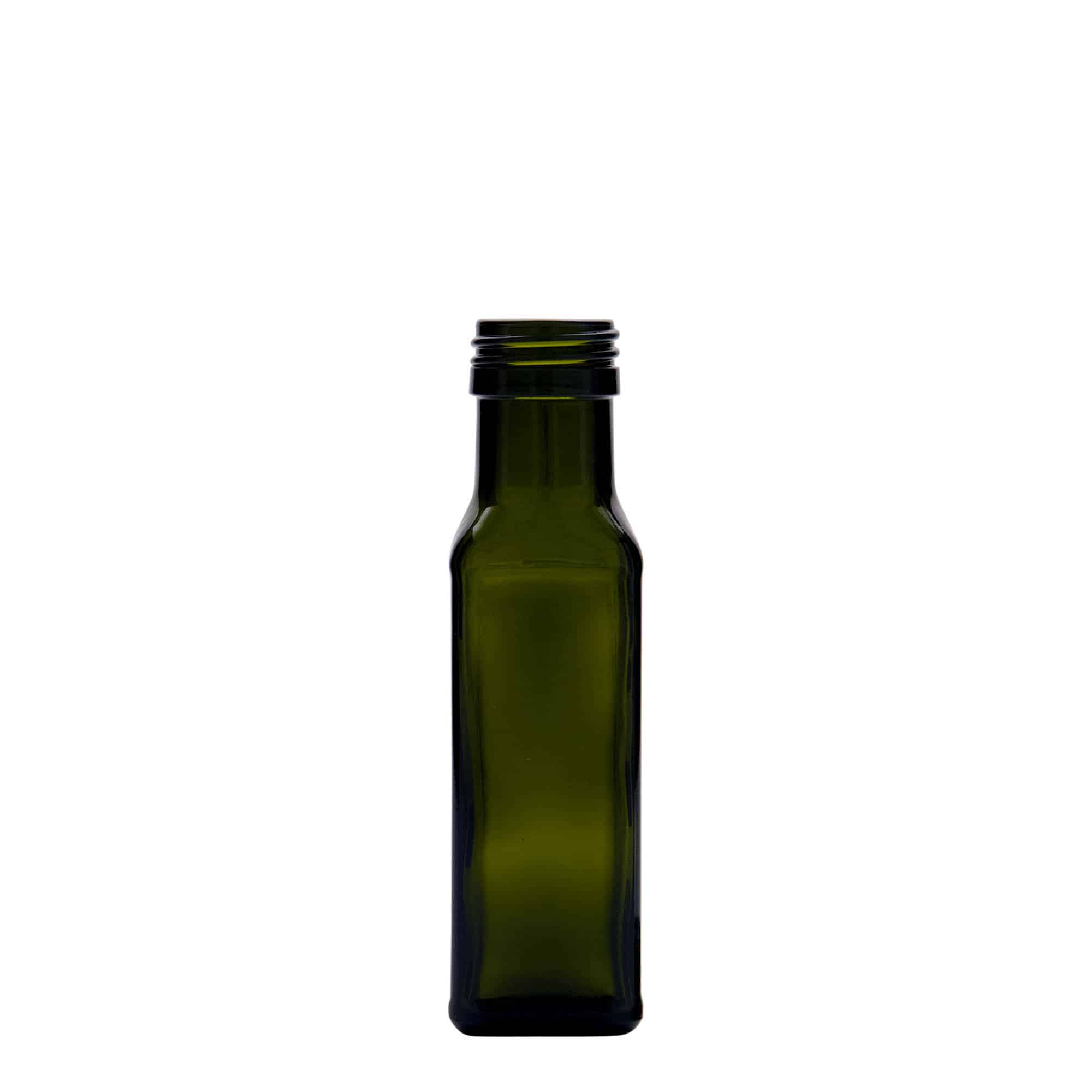 100 ml Cam şişe 'Marasca', kare, antik yeşil, ağız: PP 31,5