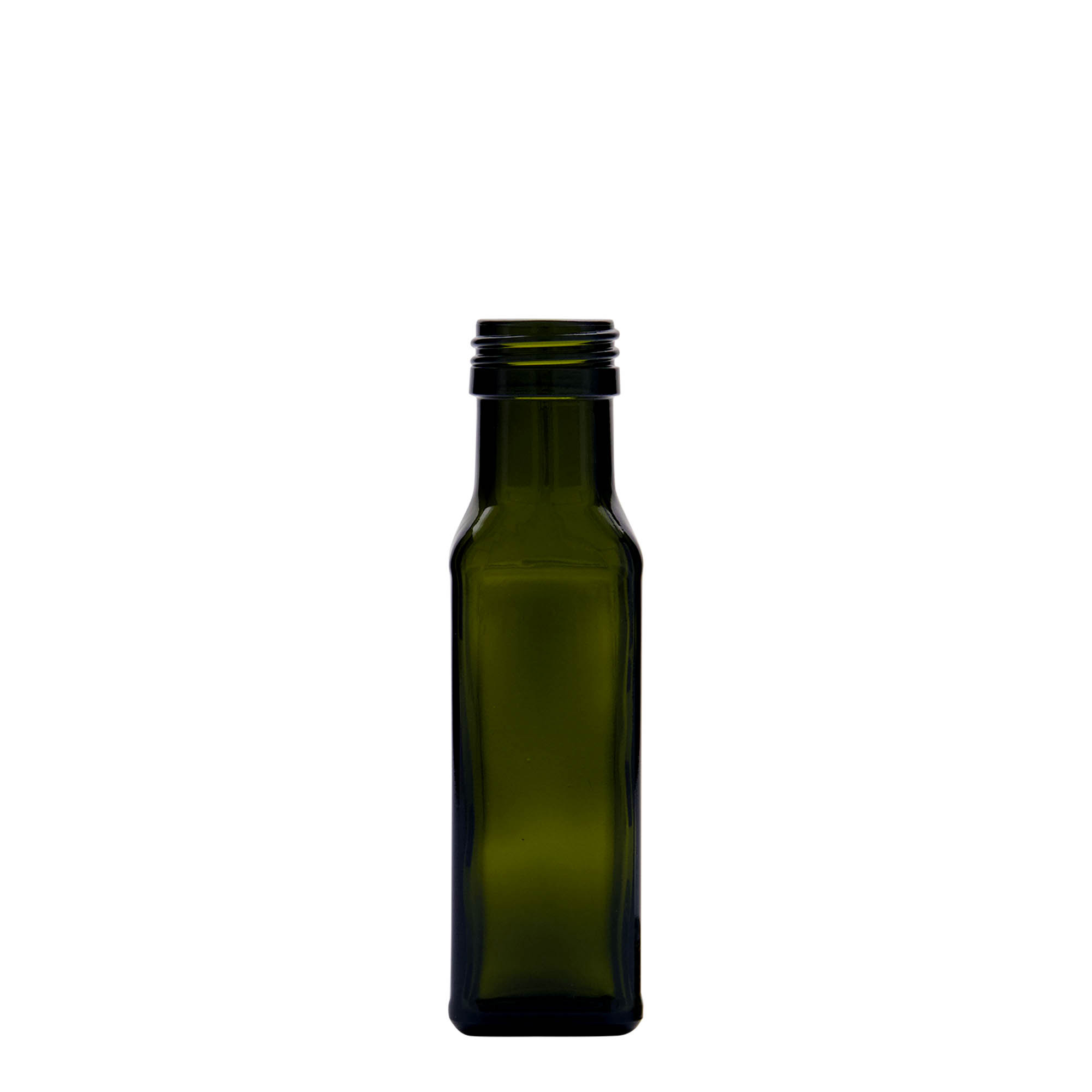 100 ml Cam şişe 'Marasca', kare, antik yeşil, ağız: PP 31,5