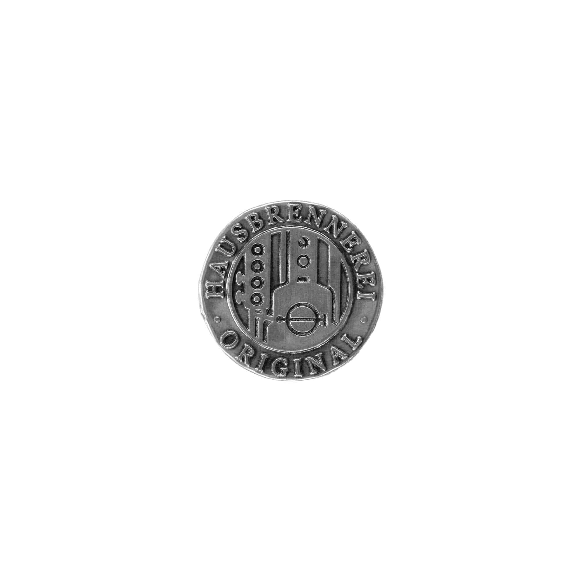 Kalay etiketi 'Hausbrennerei', yuvarlak, metal, gümüş renkli Kalay etiketi 'Hausbrennerei', yuvarlak, metal, gümüş renkli